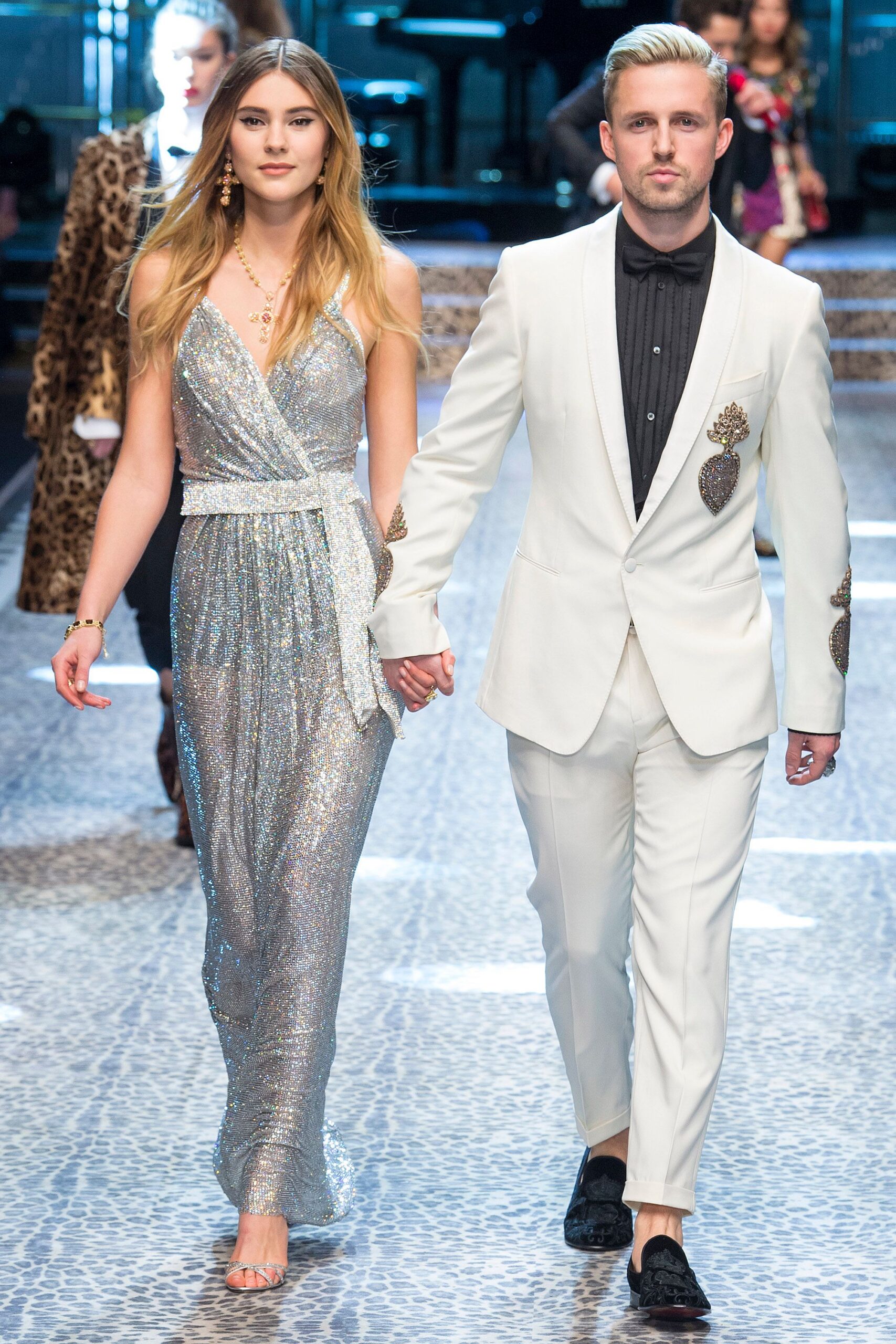 gray sleeveless v-neck fitted sequined draped shiny gown