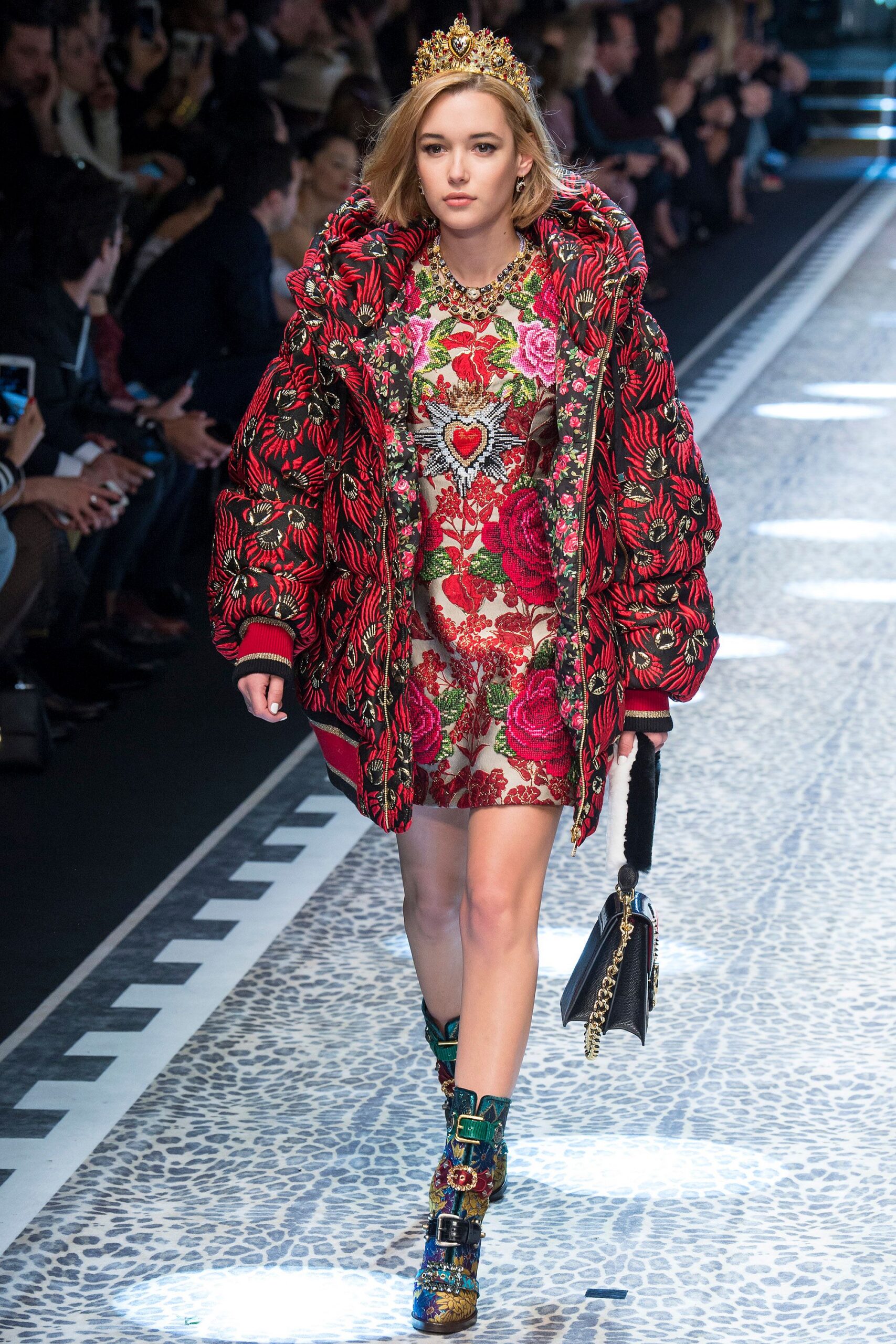 red silk long-sleeve oversized embroidered padded coat