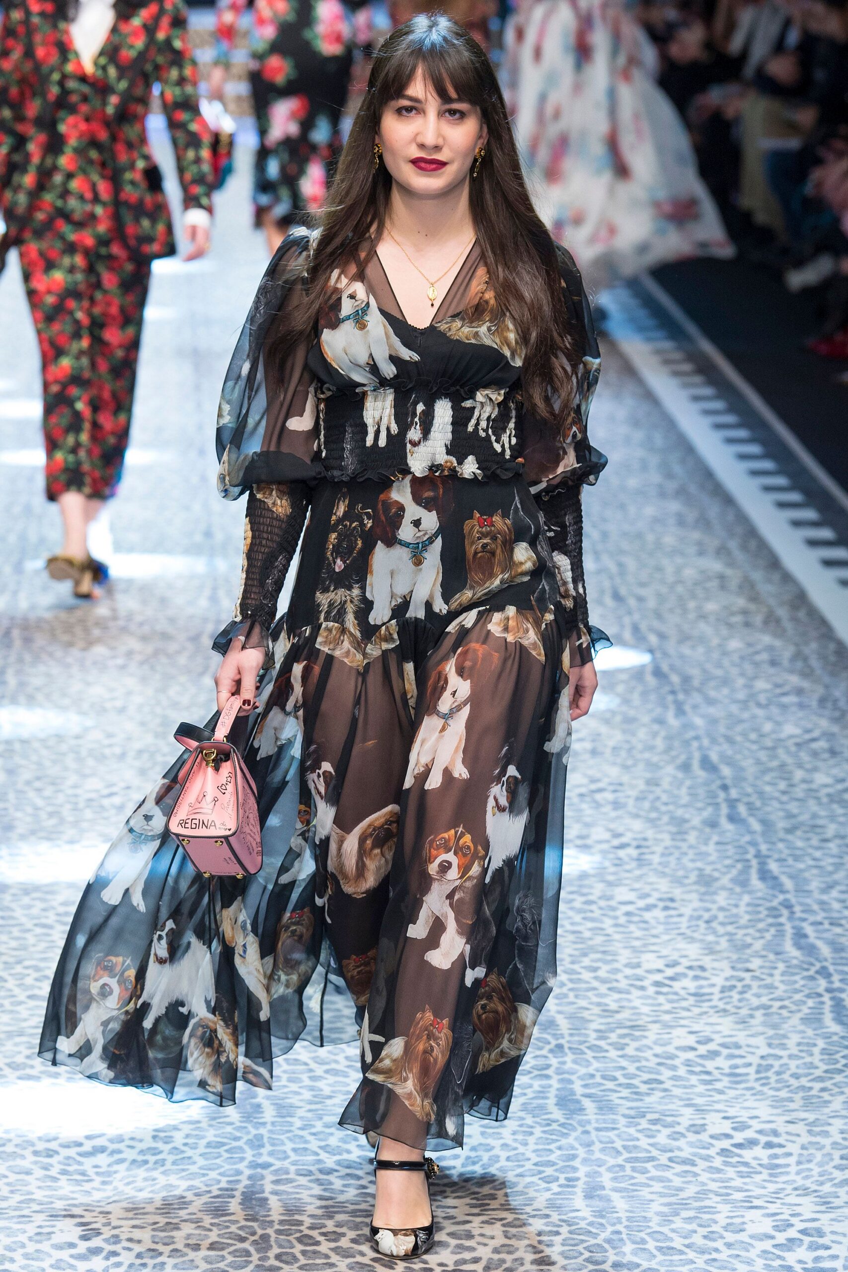 black chiffon long-sleeve v-neck fitted printed layered dress