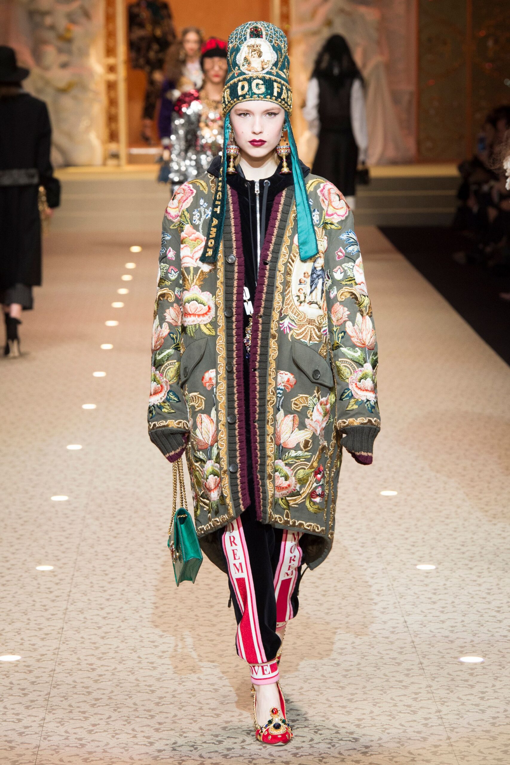 oversized embroidered coat with striped pants