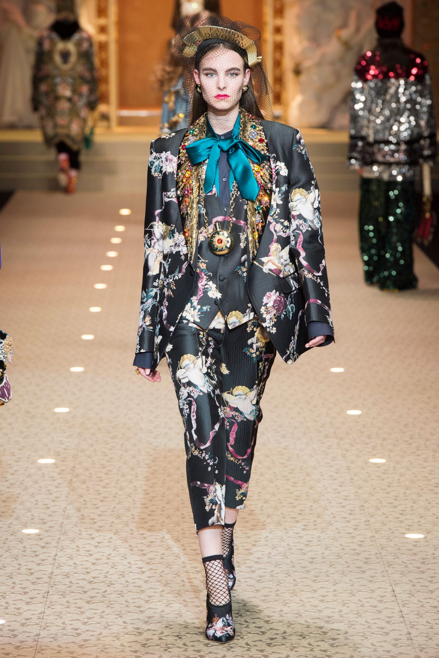 multi-patterned black blazer and pants