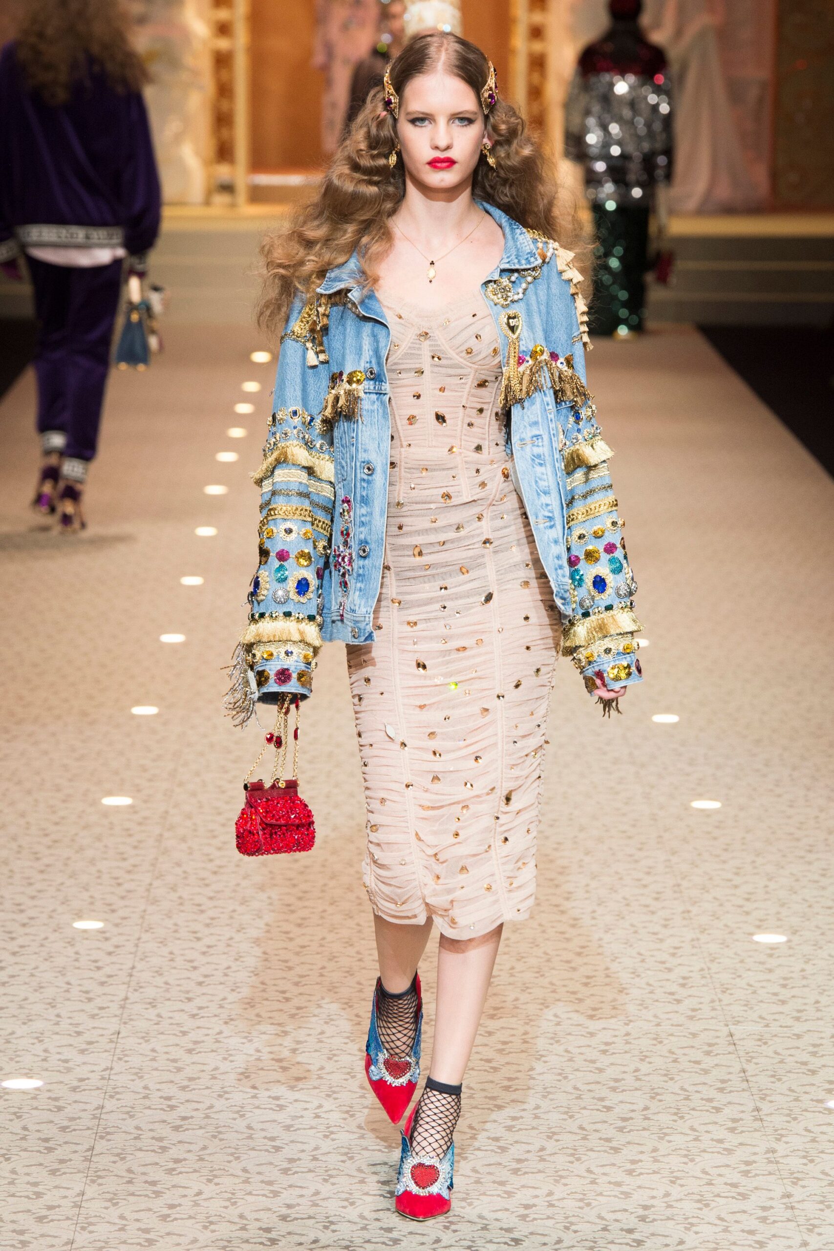 beige fitted midi dress with denim jacket