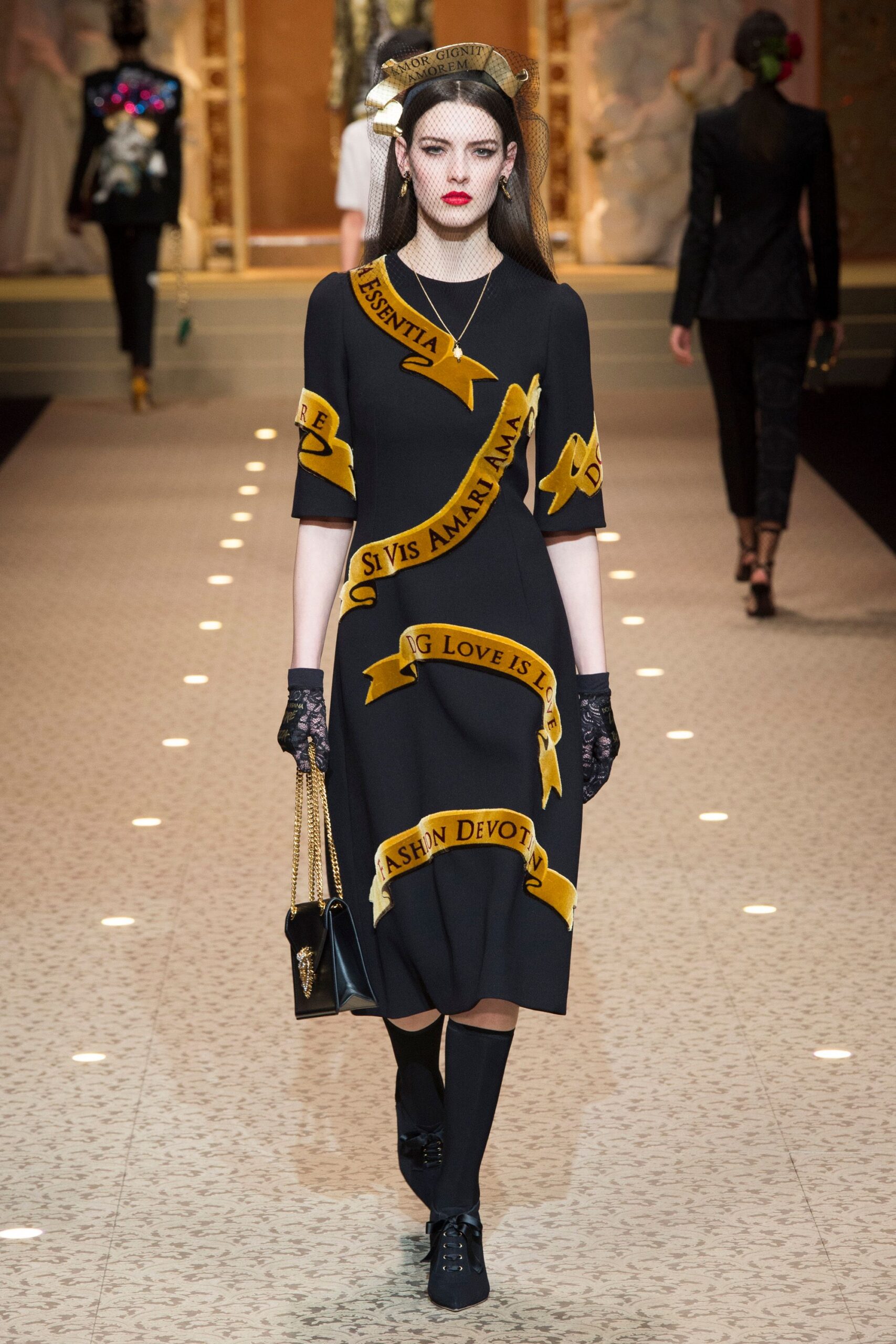 black midi dress with printed ribbons