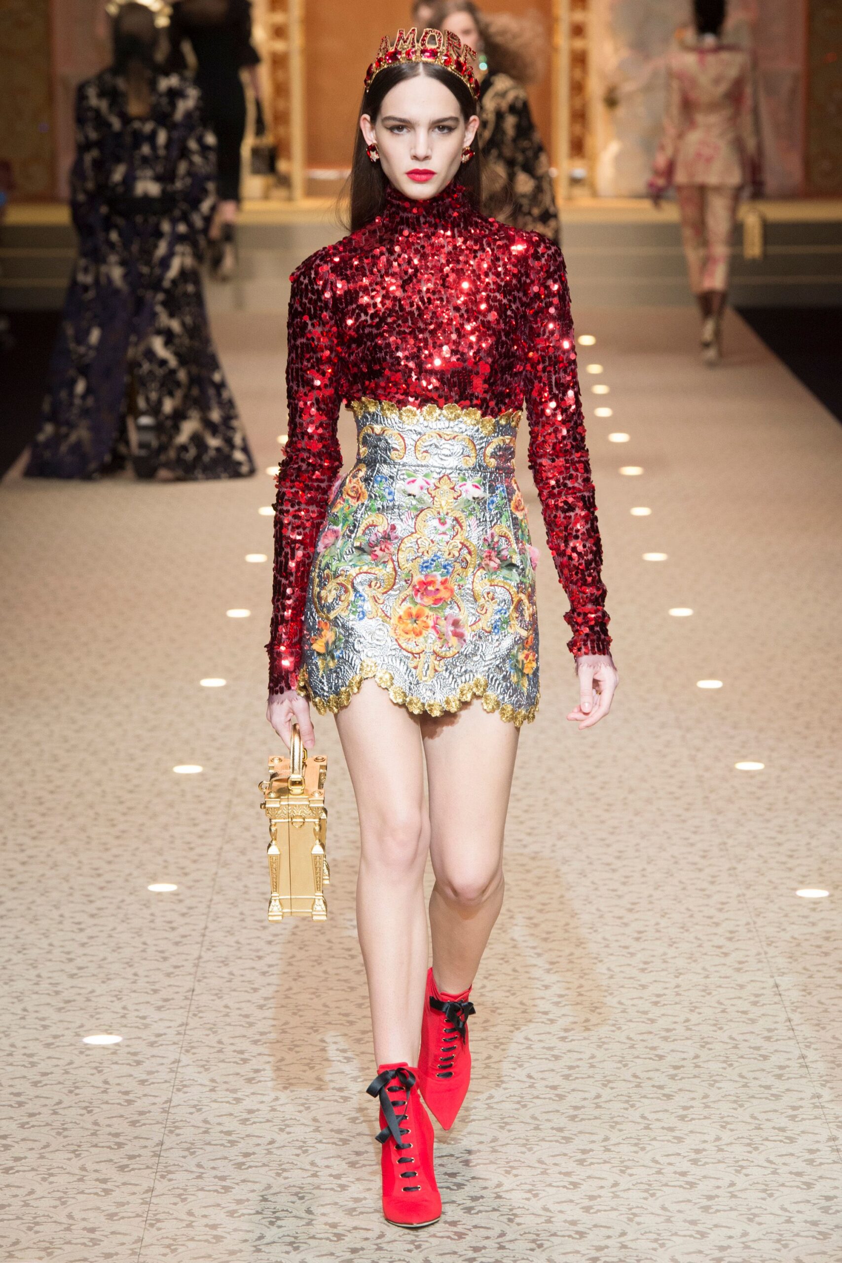 red sequin top with mini skirt