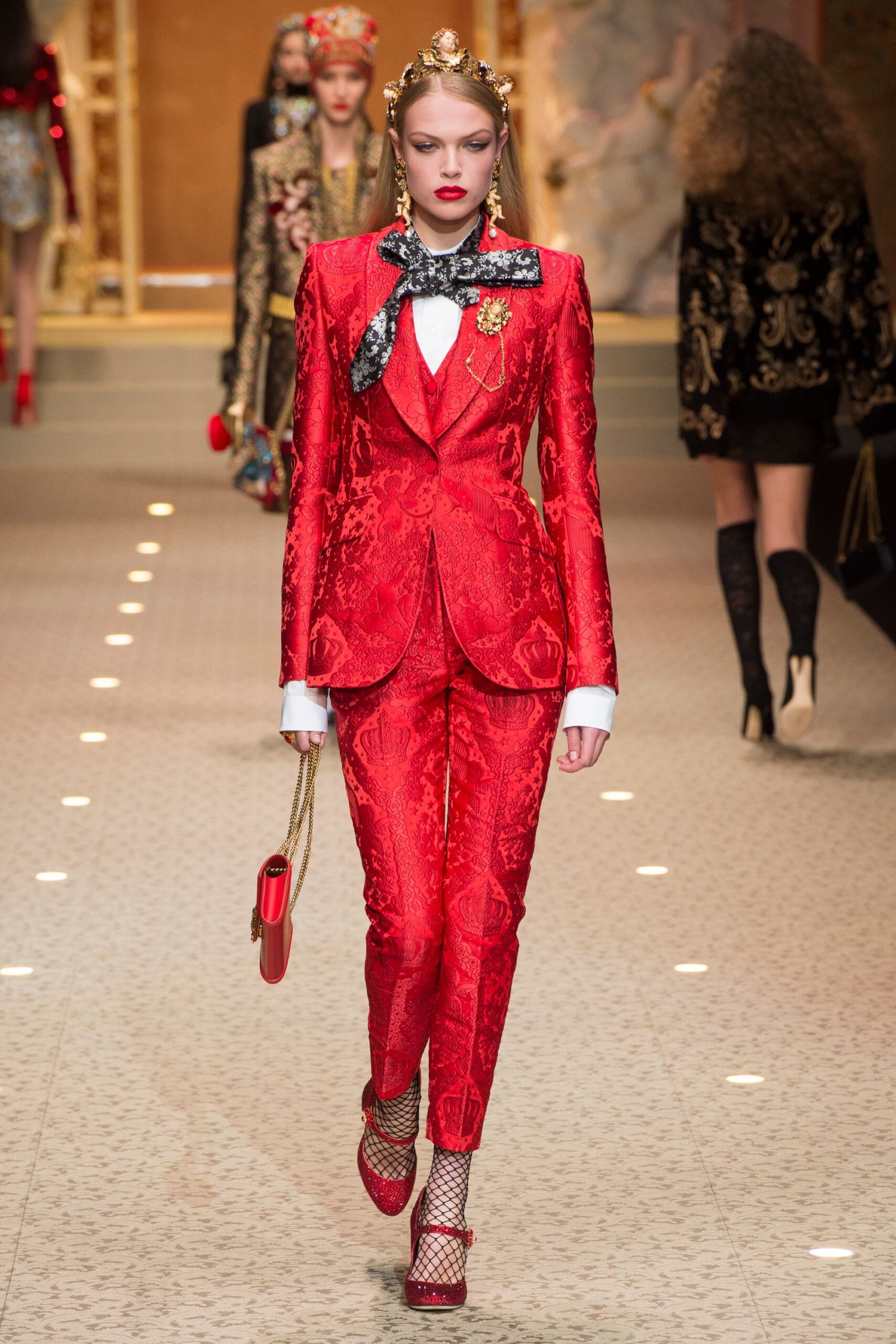 red embroidered tailored suit