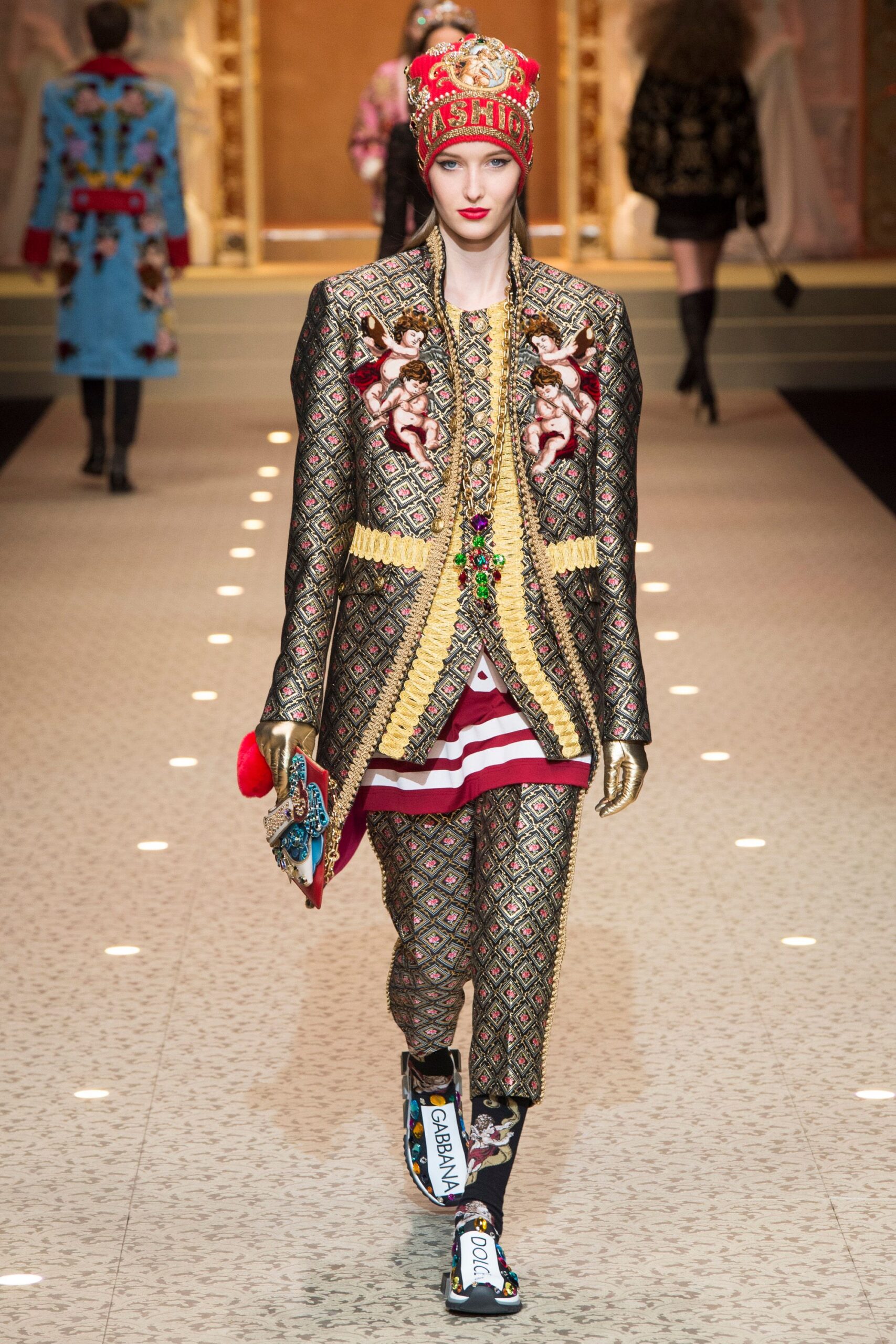 embroidered gold suit with accessories