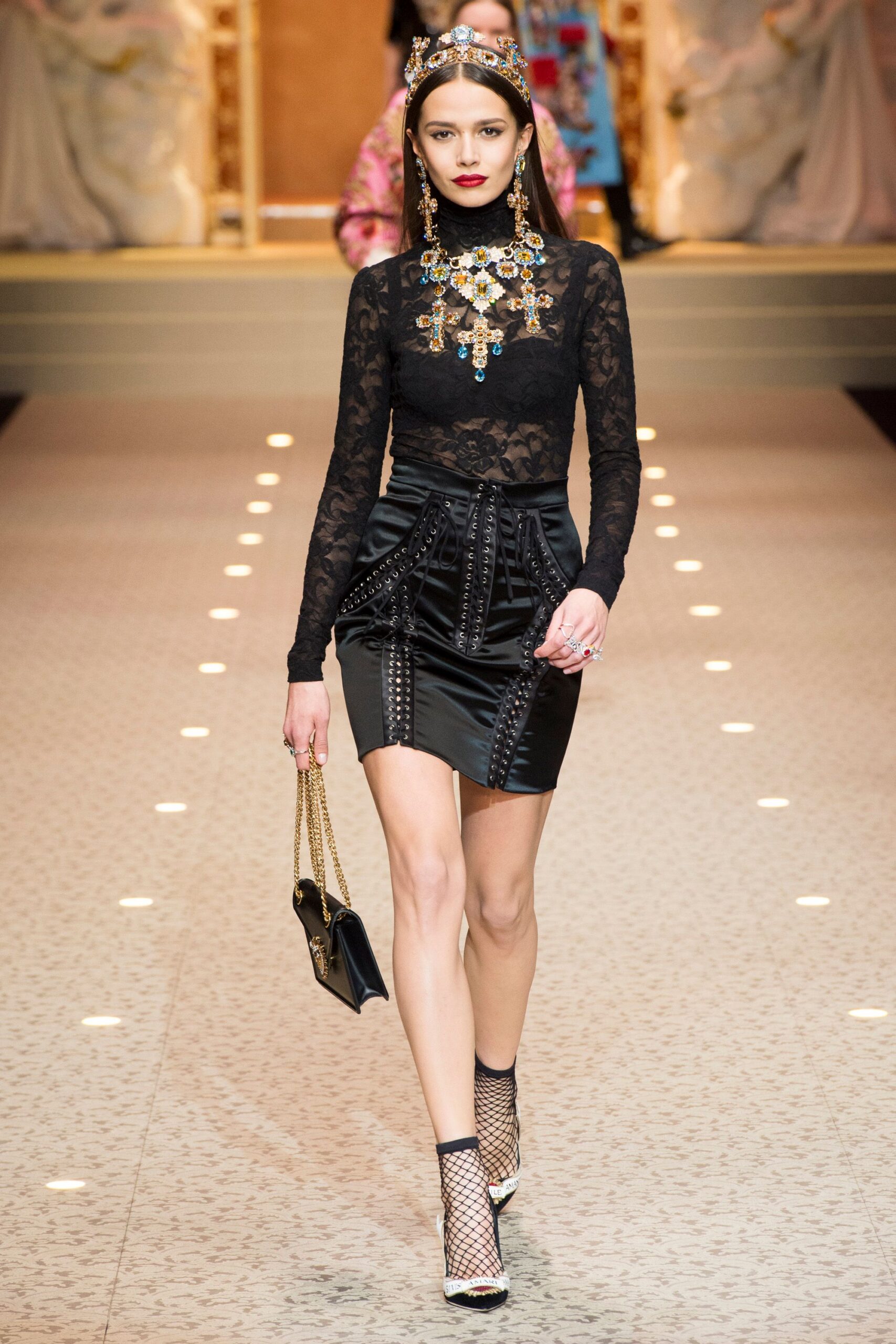 black lace top and leather skirt