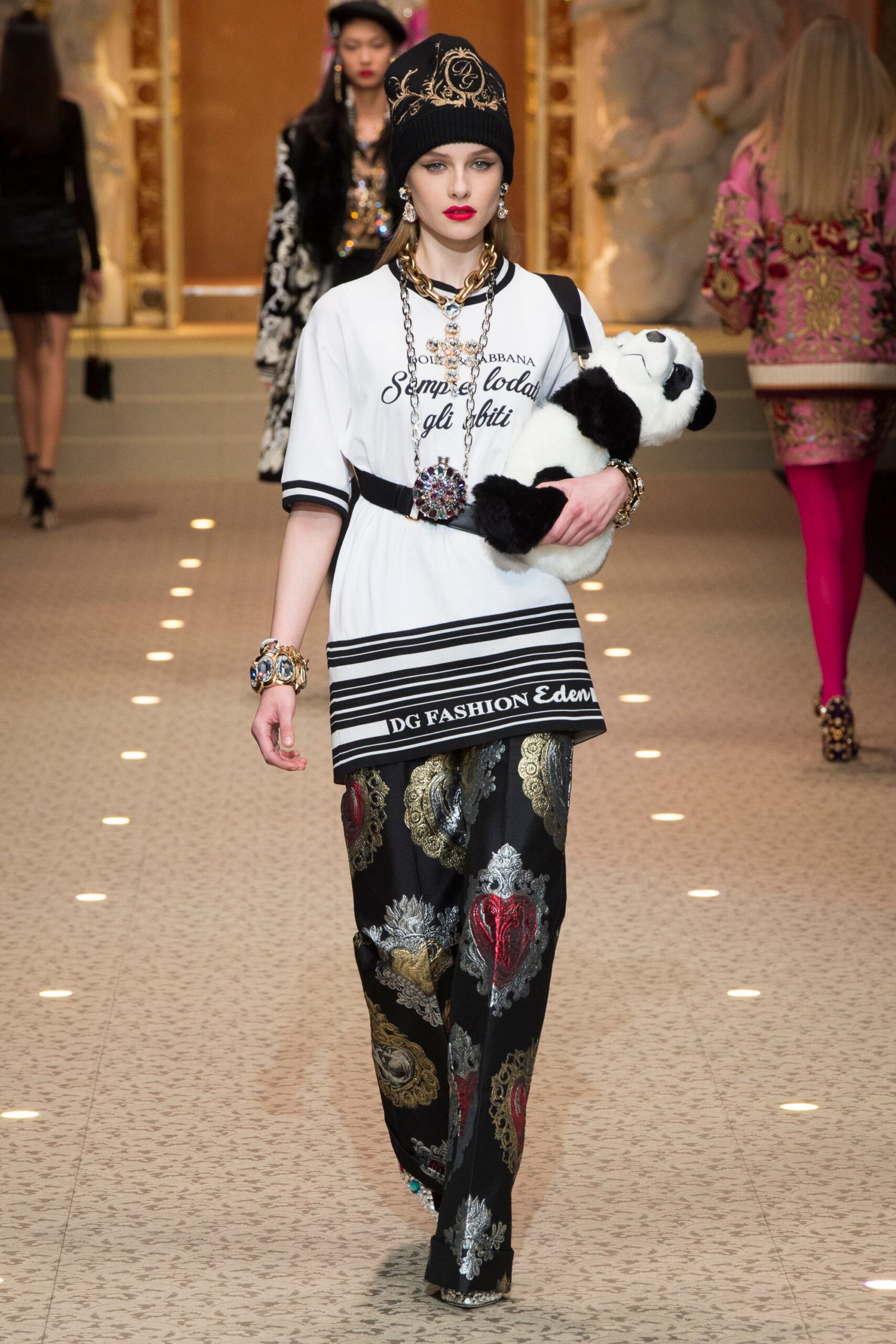 white printed t-shirt with black pants