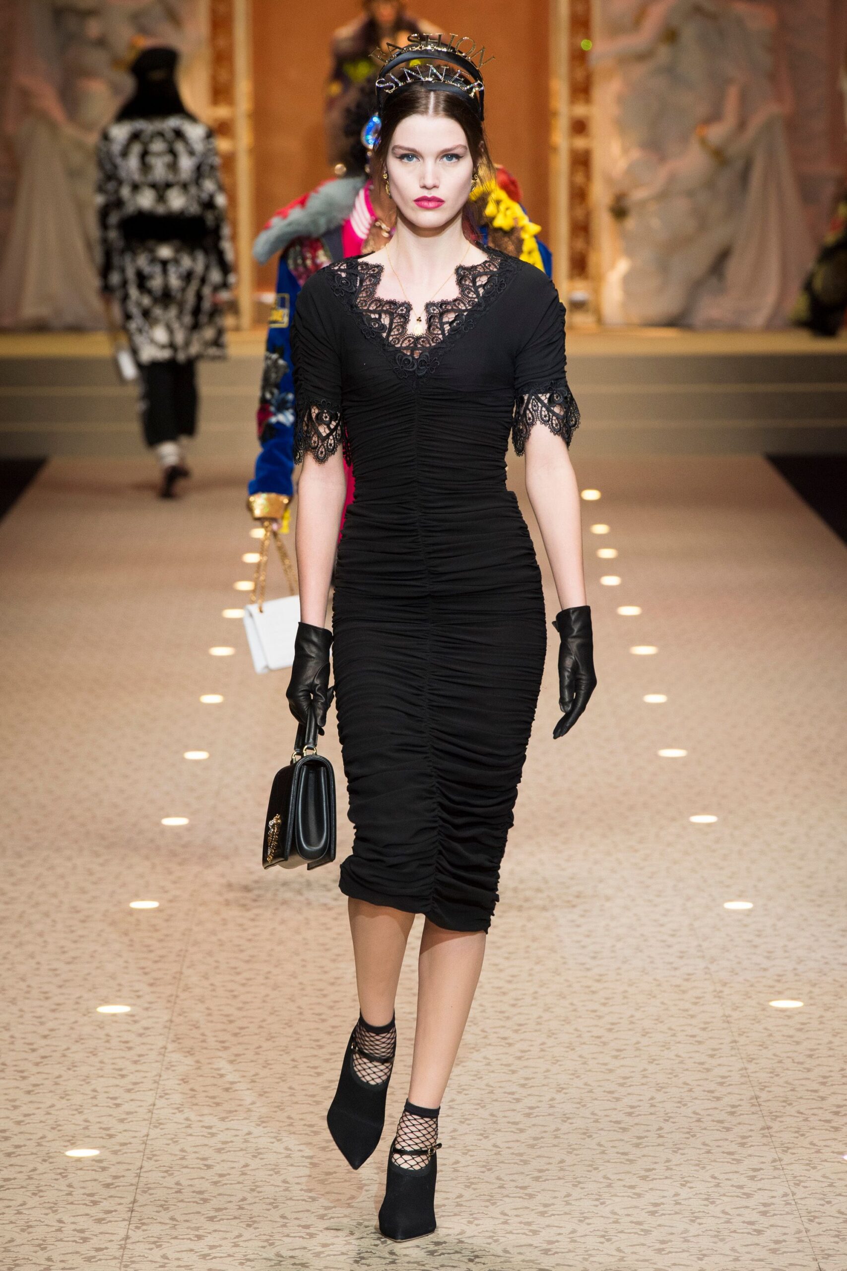 black fitted midi dress with gloves