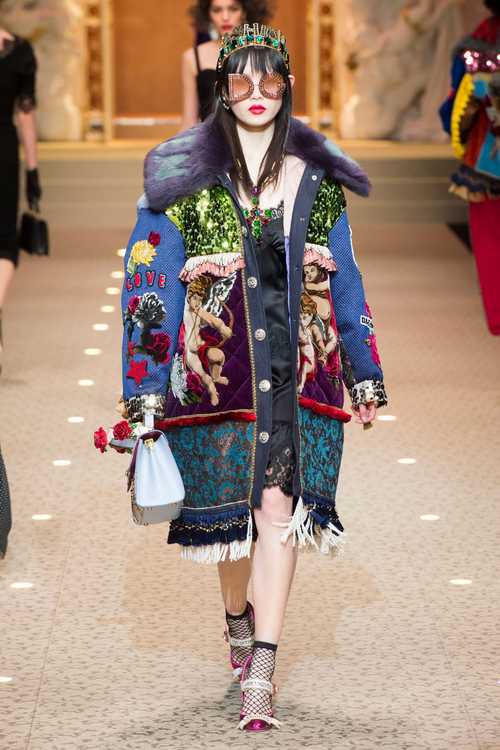 colorful embroidered coat with black dress