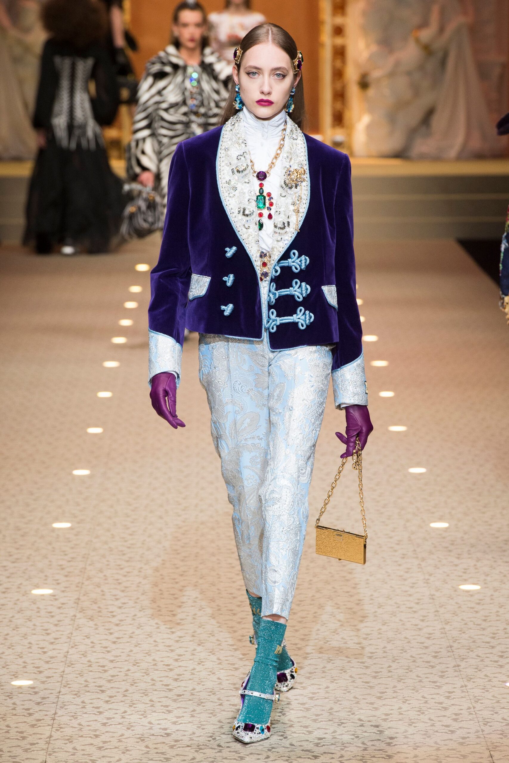 purple velvet blazer with embroidered shirt