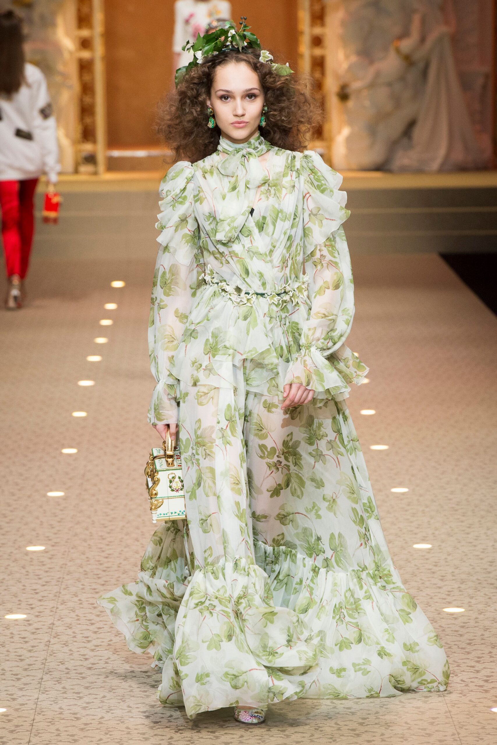 green floral maxi gown with bag