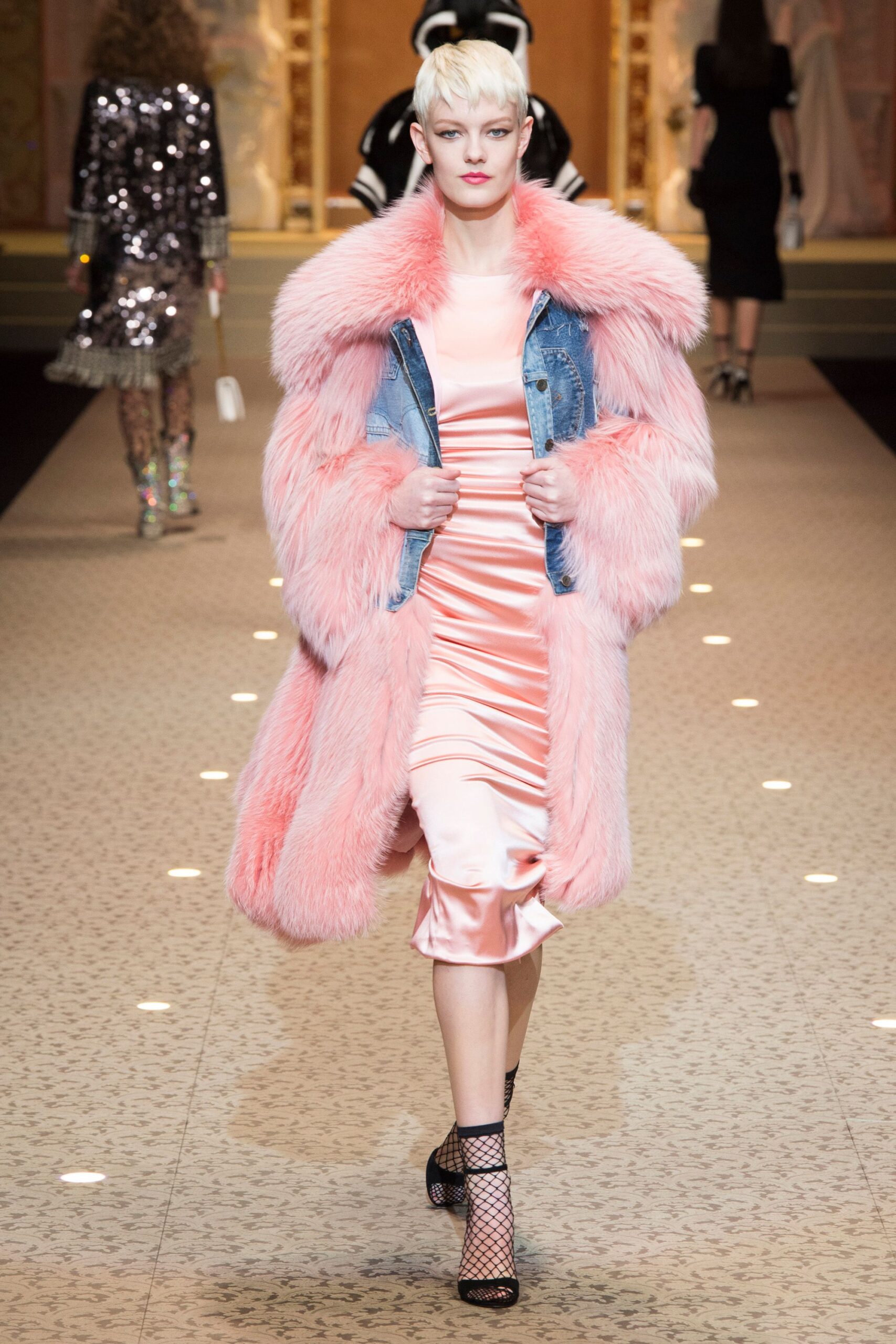 pink silk midi dress with faux-fur coat