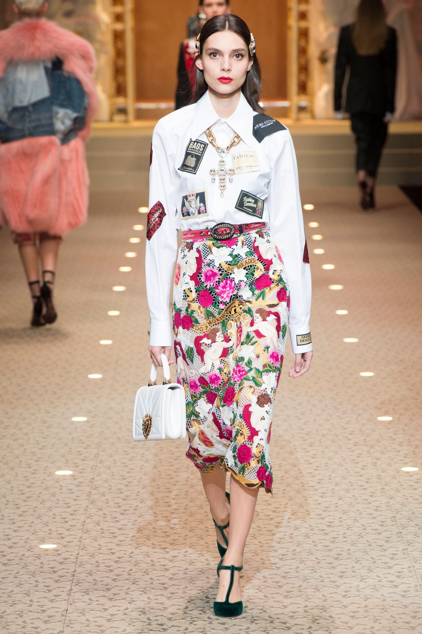 white shirt multi floral skirt