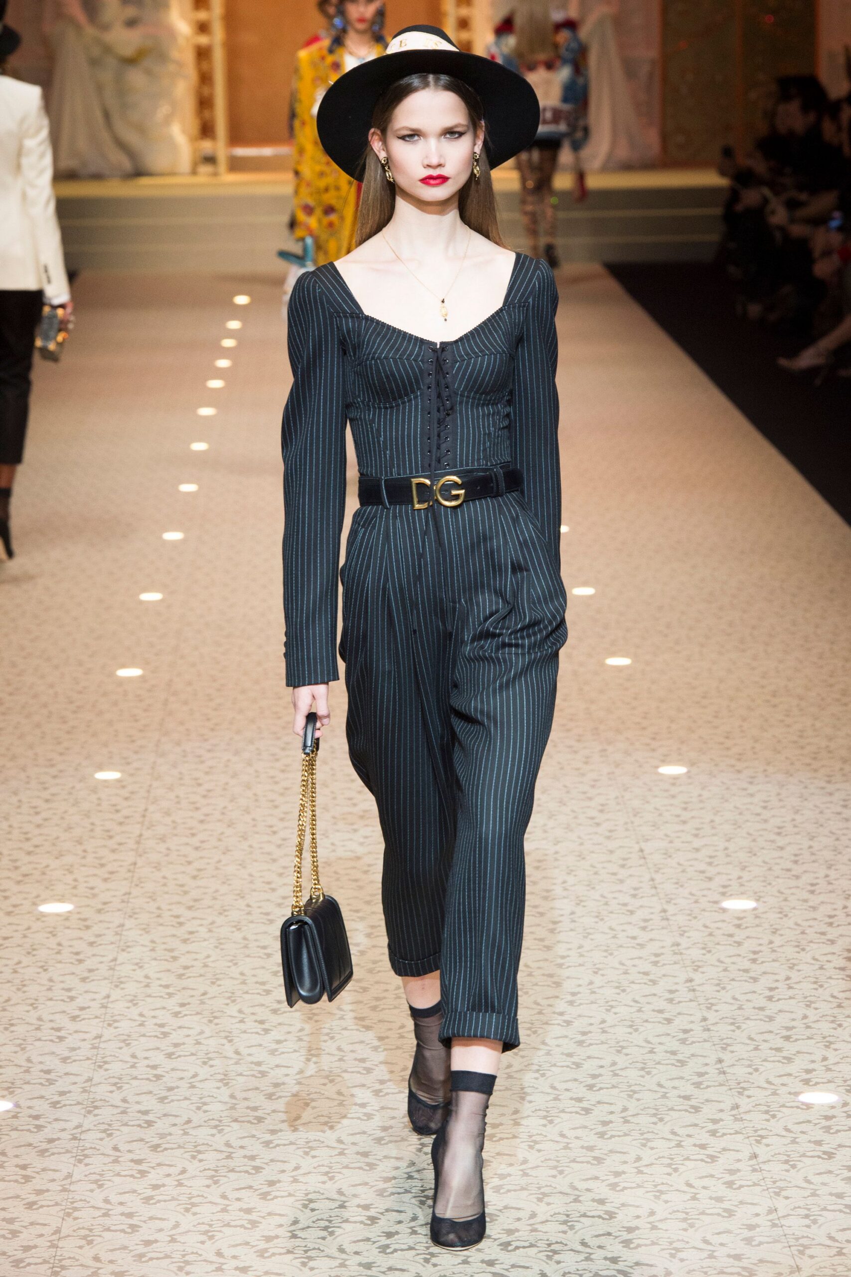 black cotton long-sleeve v-neck fitted striped zippered jumpsuit