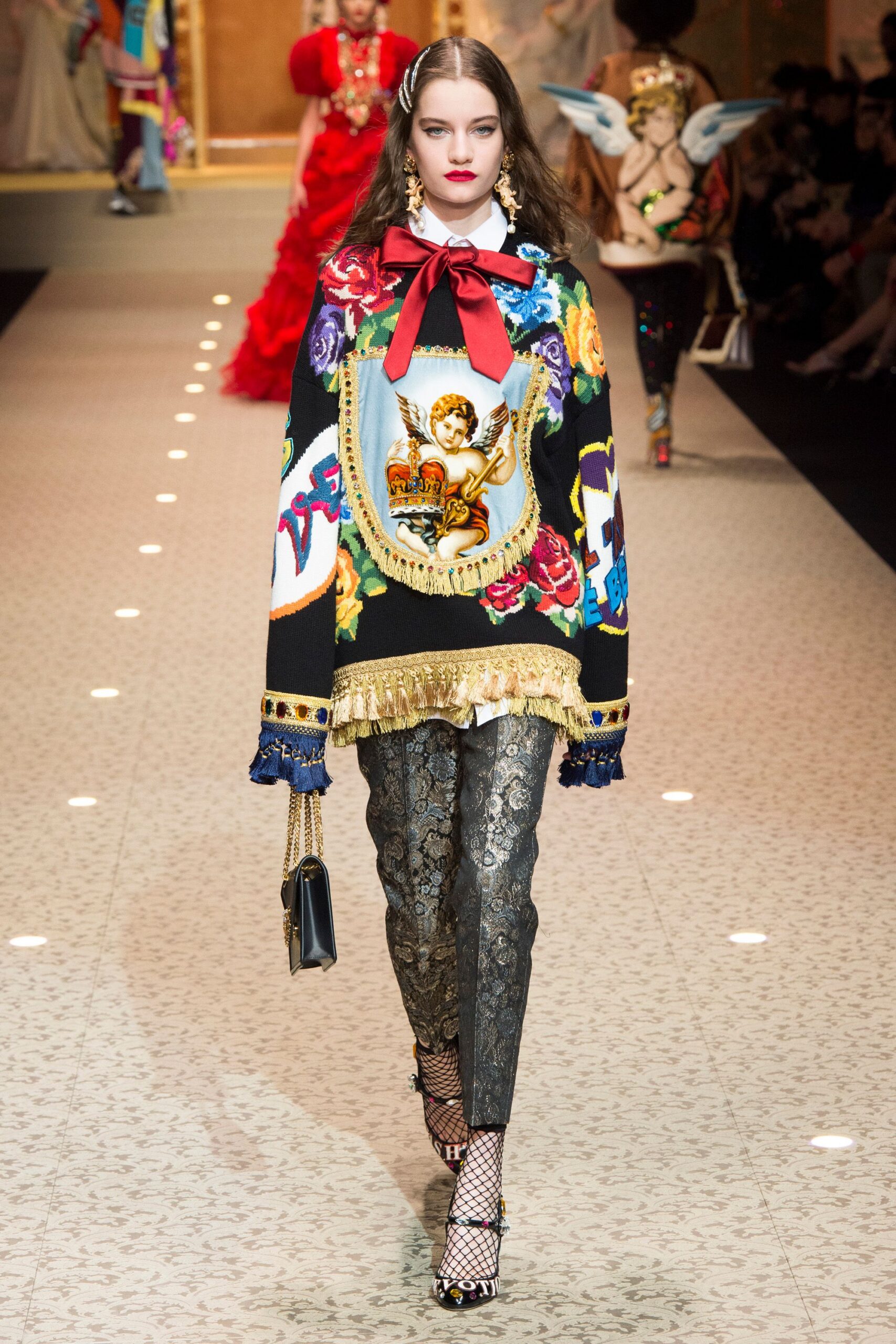 black multi embroidered sweater with flared pants