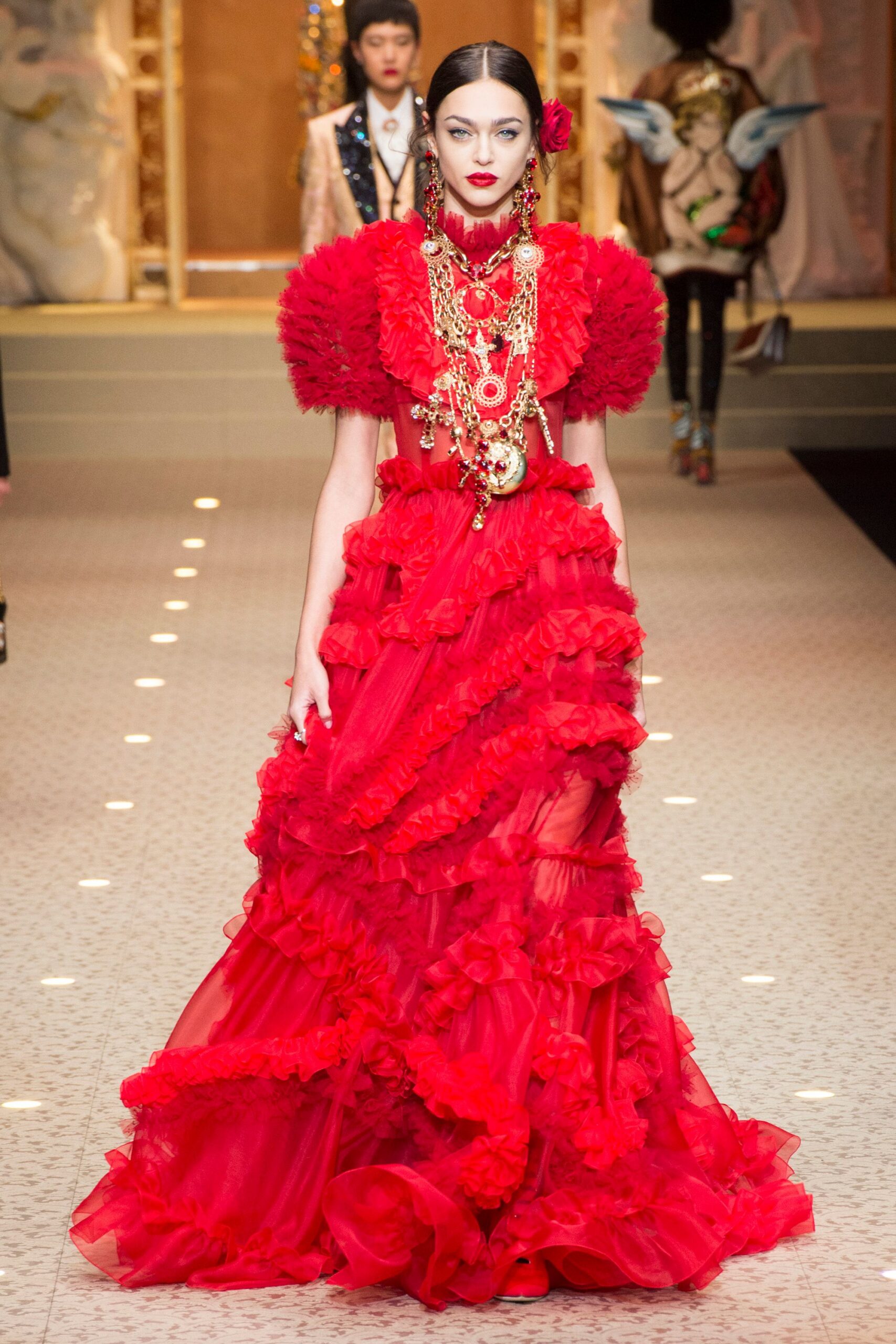 red ruffled maxi gown