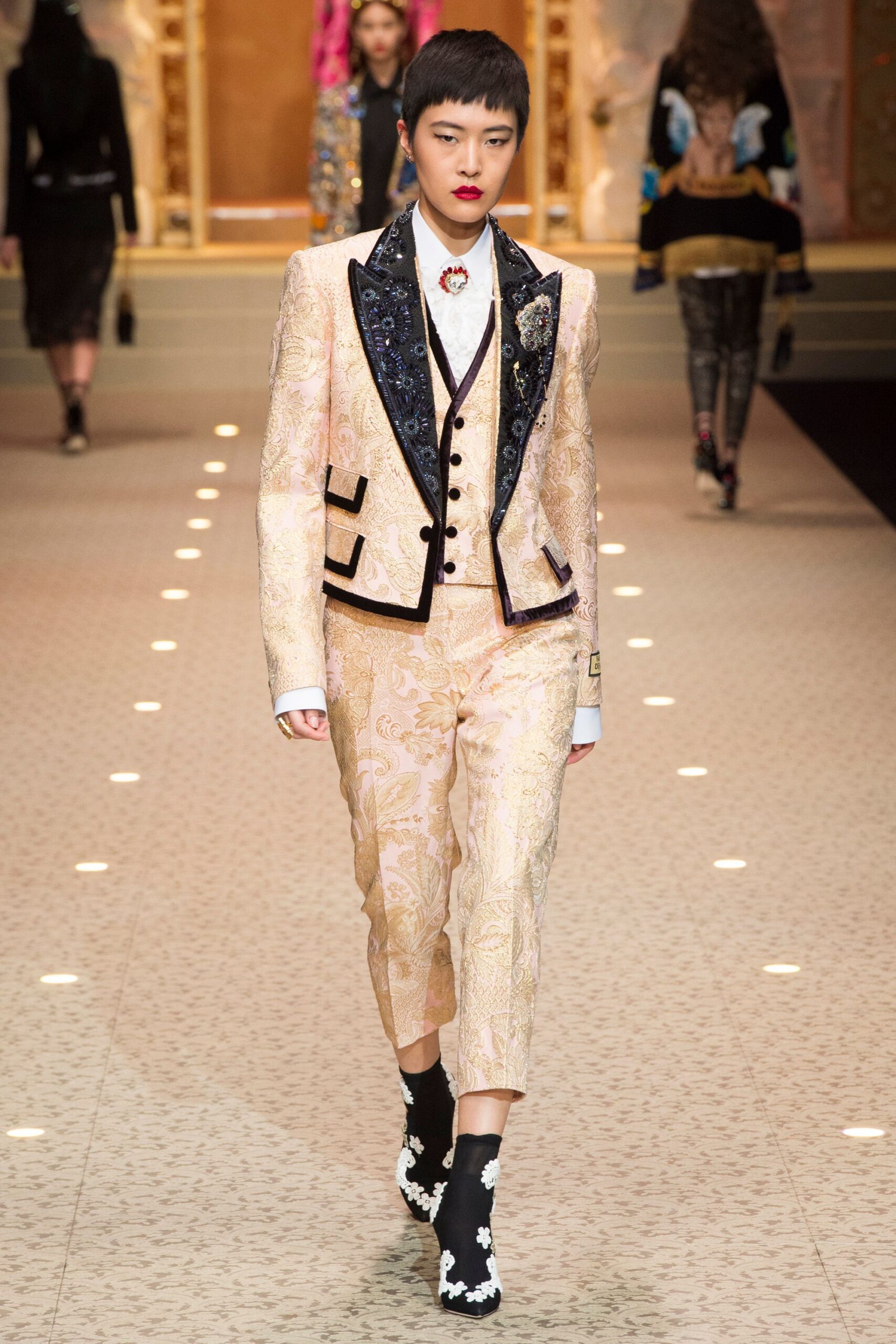 pink embroidered tailored suit