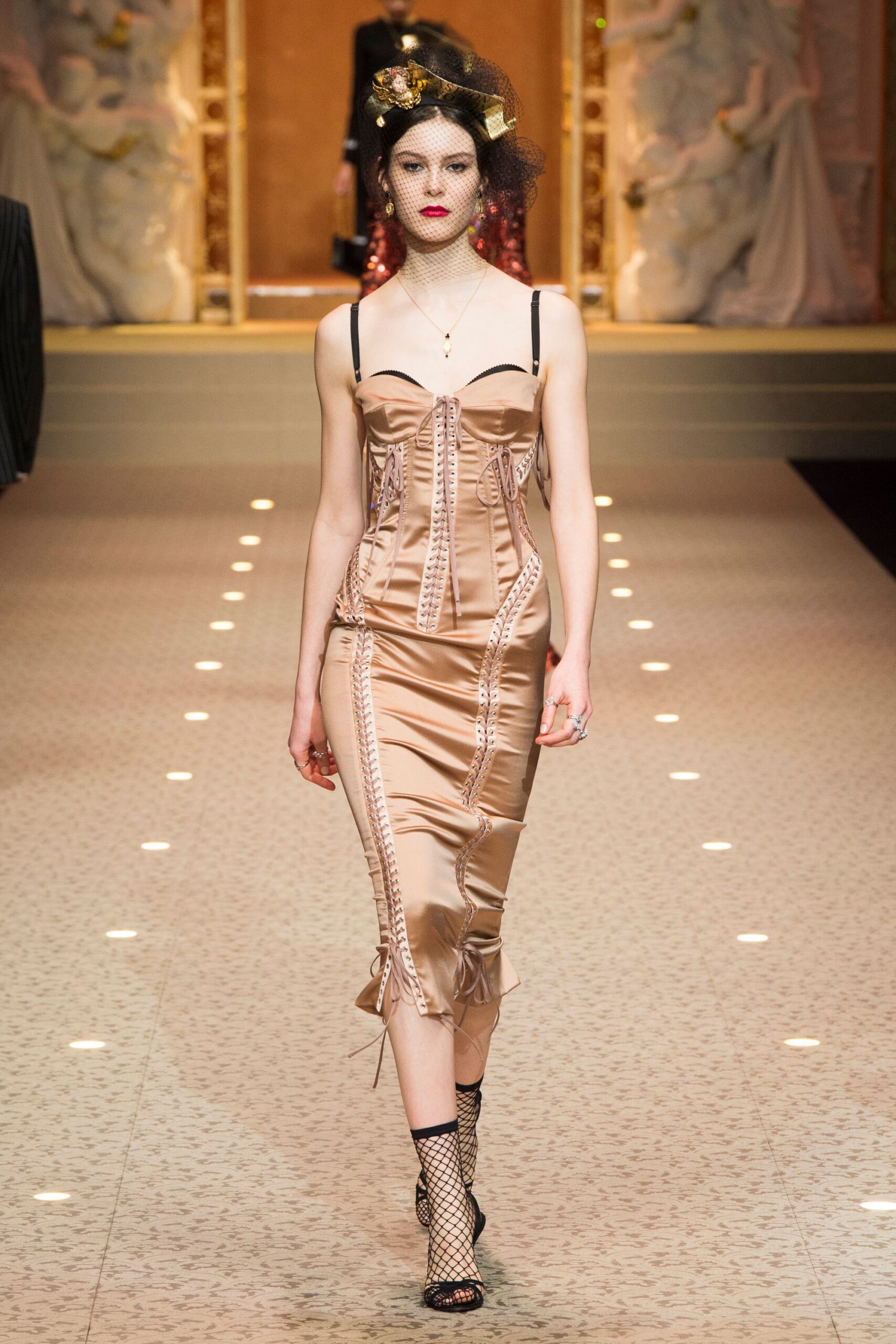 beige satin fitted midi dress