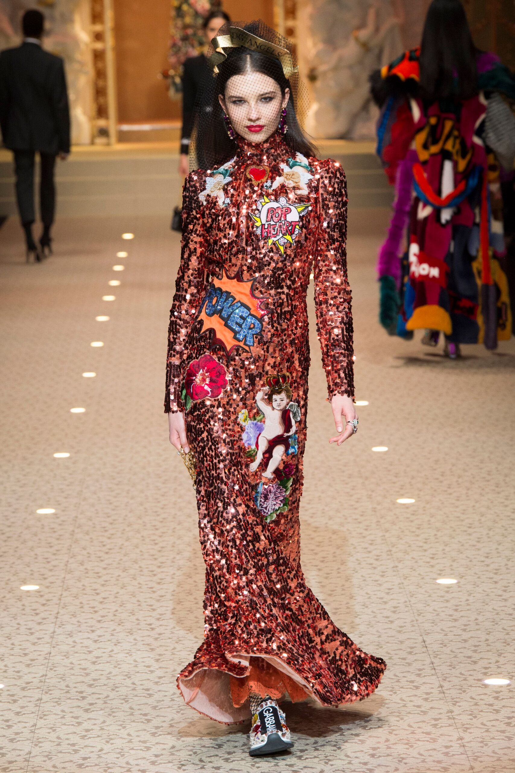 orange sequin embroidered gown
