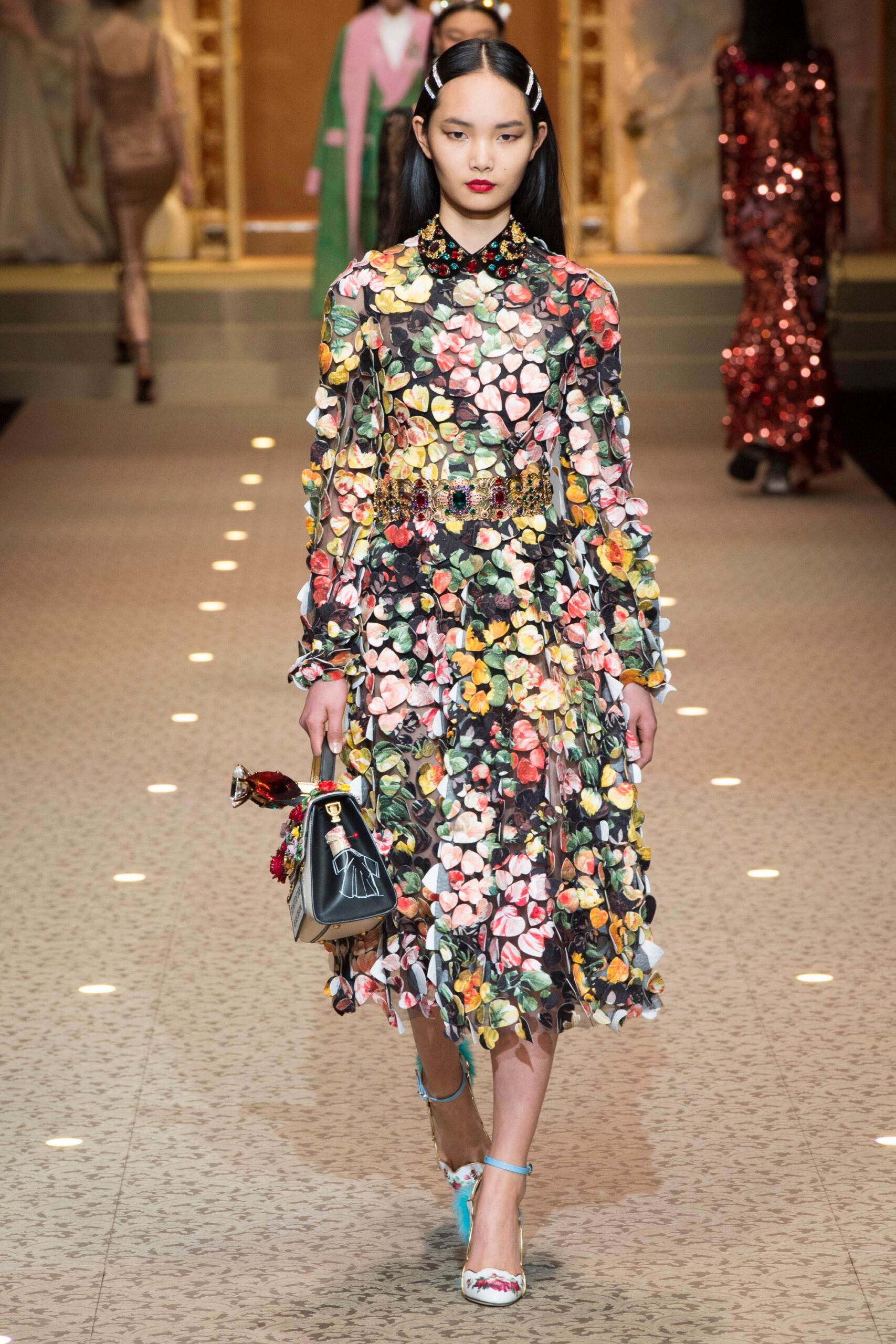 floral midi dress with embellished accessories