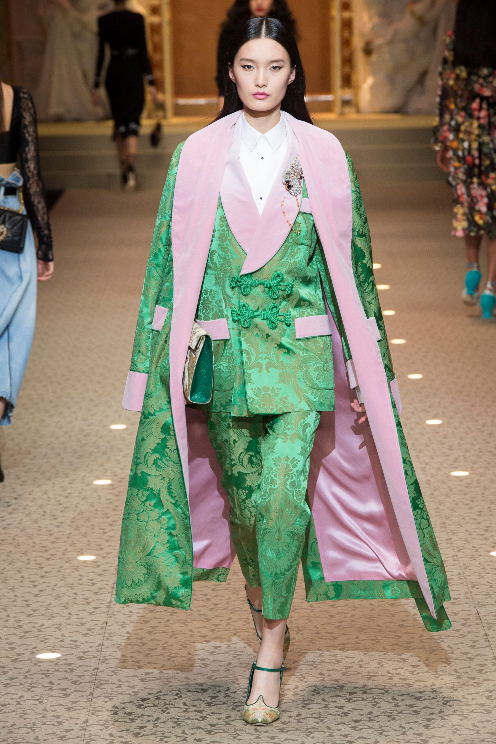 green and pink tailored suit with coat