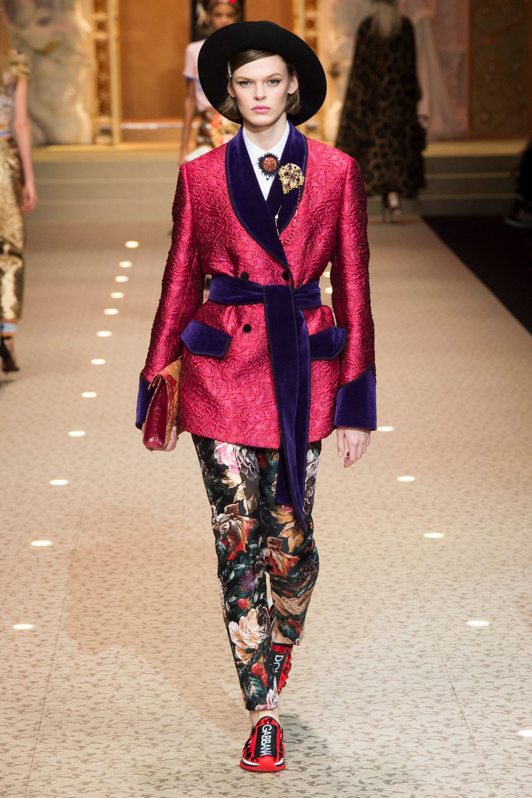 red embroidered blazer with floral pants