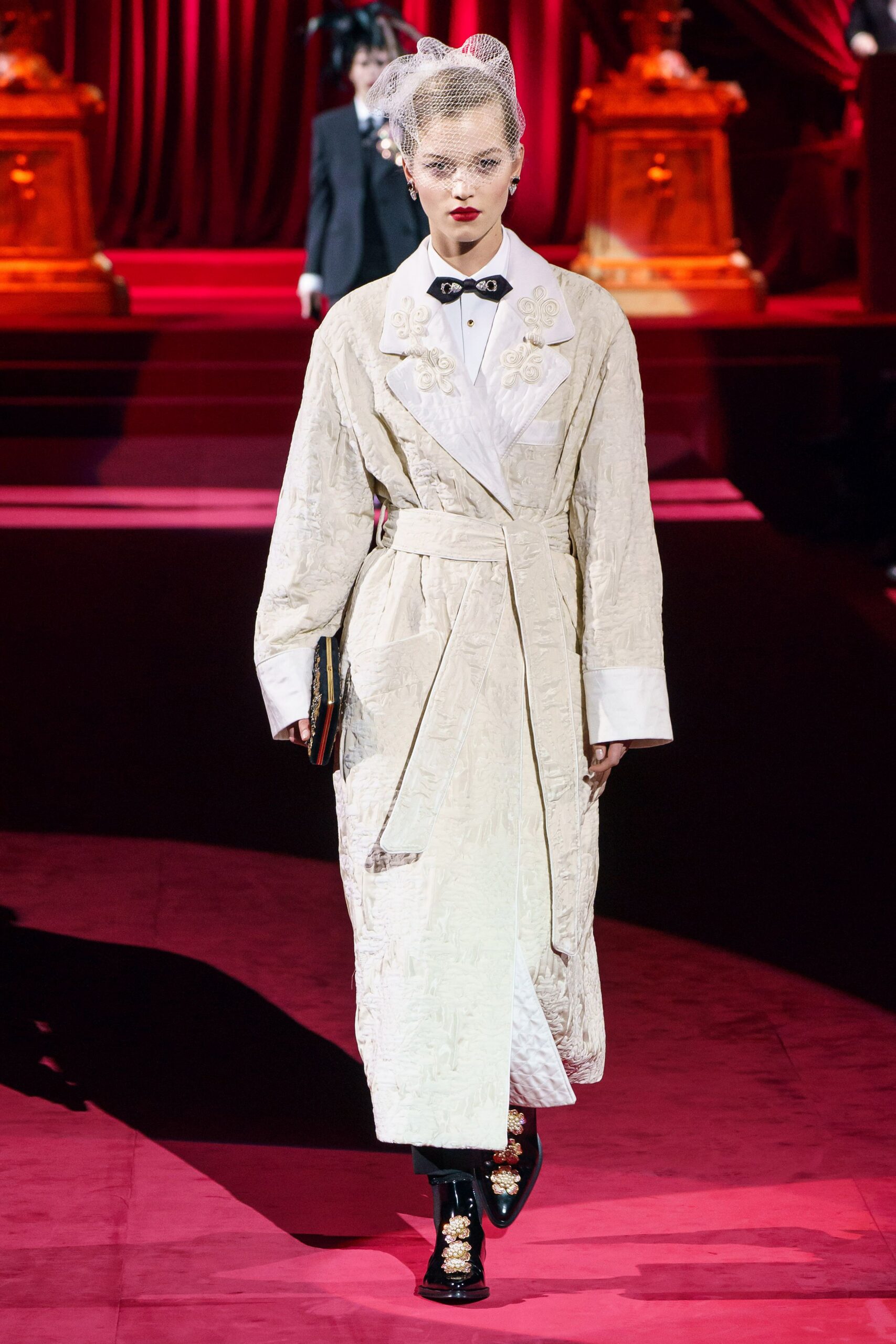 beige silk long-sleeve collared fitted belted embroidered coat