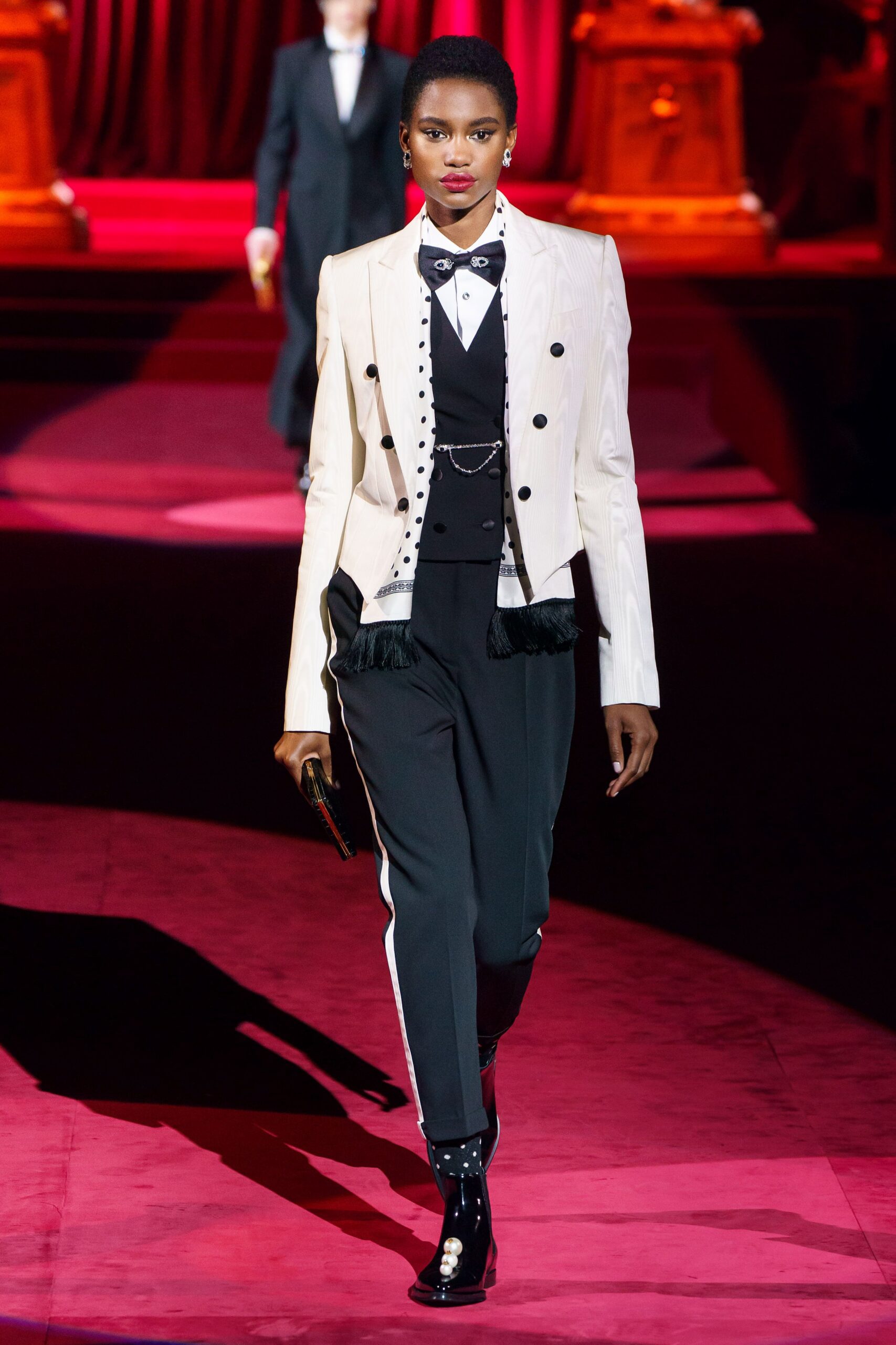 white cotton long-sleeve collared tailored buttoned fringed blazer