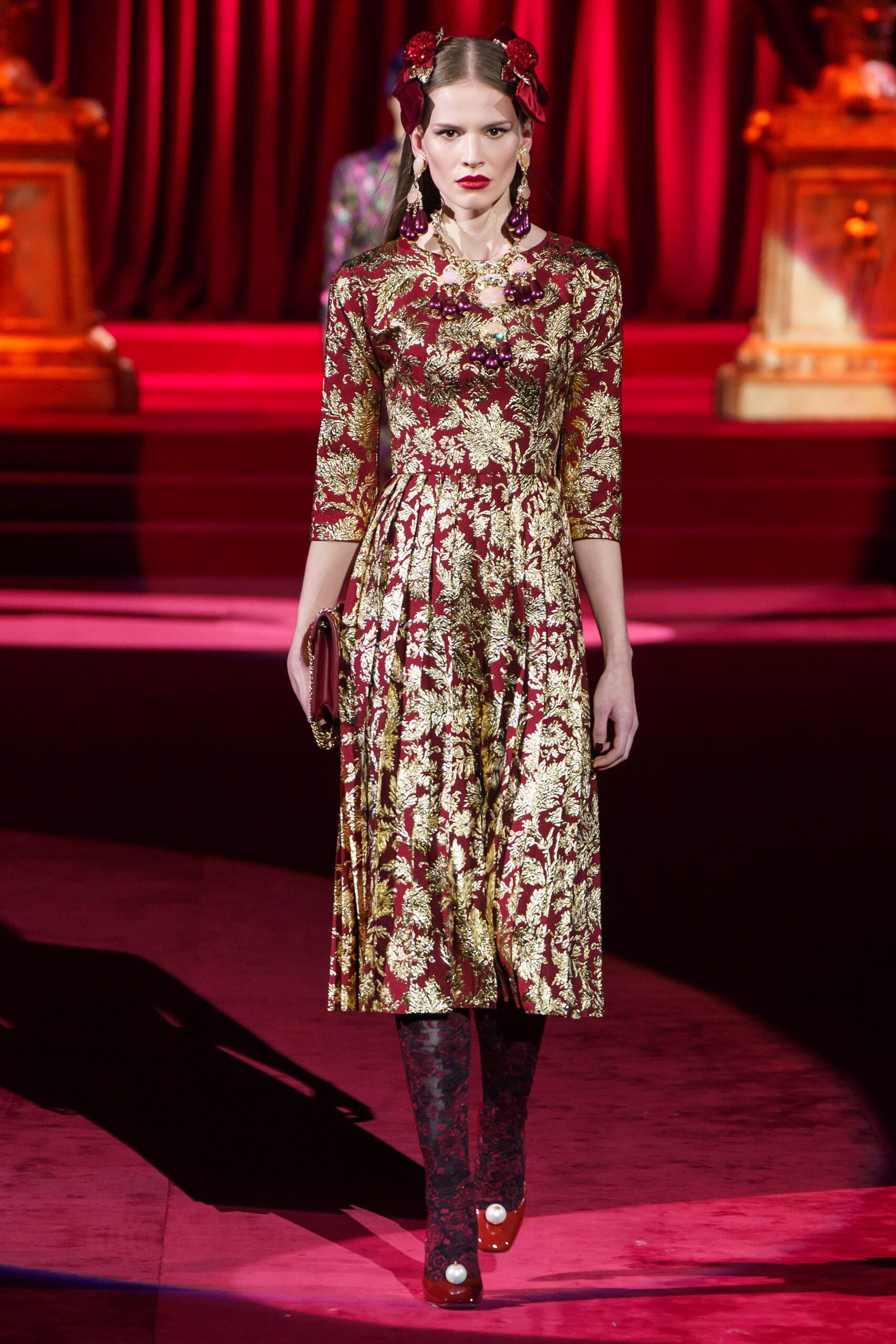 red silk long-sleeve v-neck fitted floral pleated dress