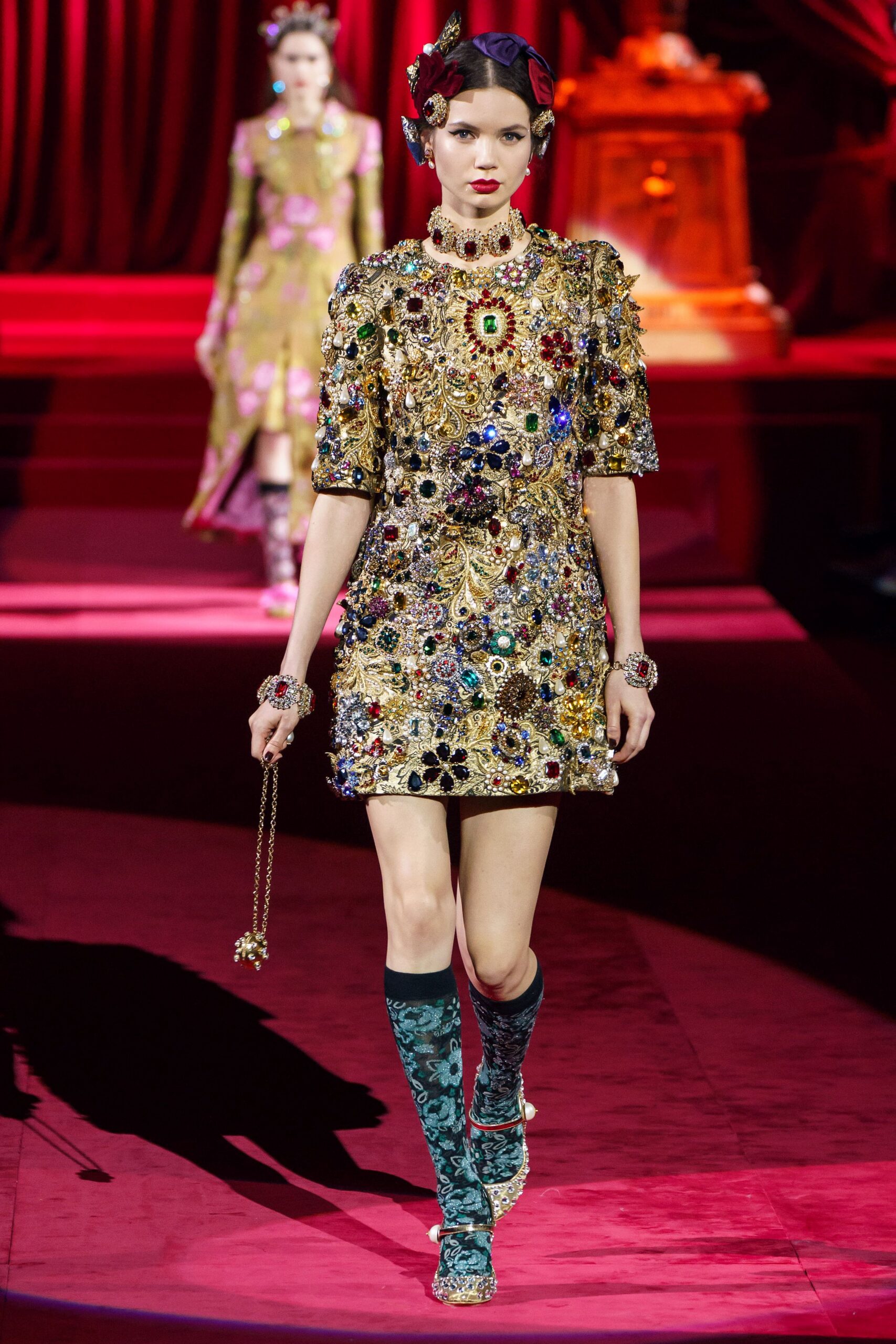 gold silk short-sleeve high-neck fitted embroidered beaded dress