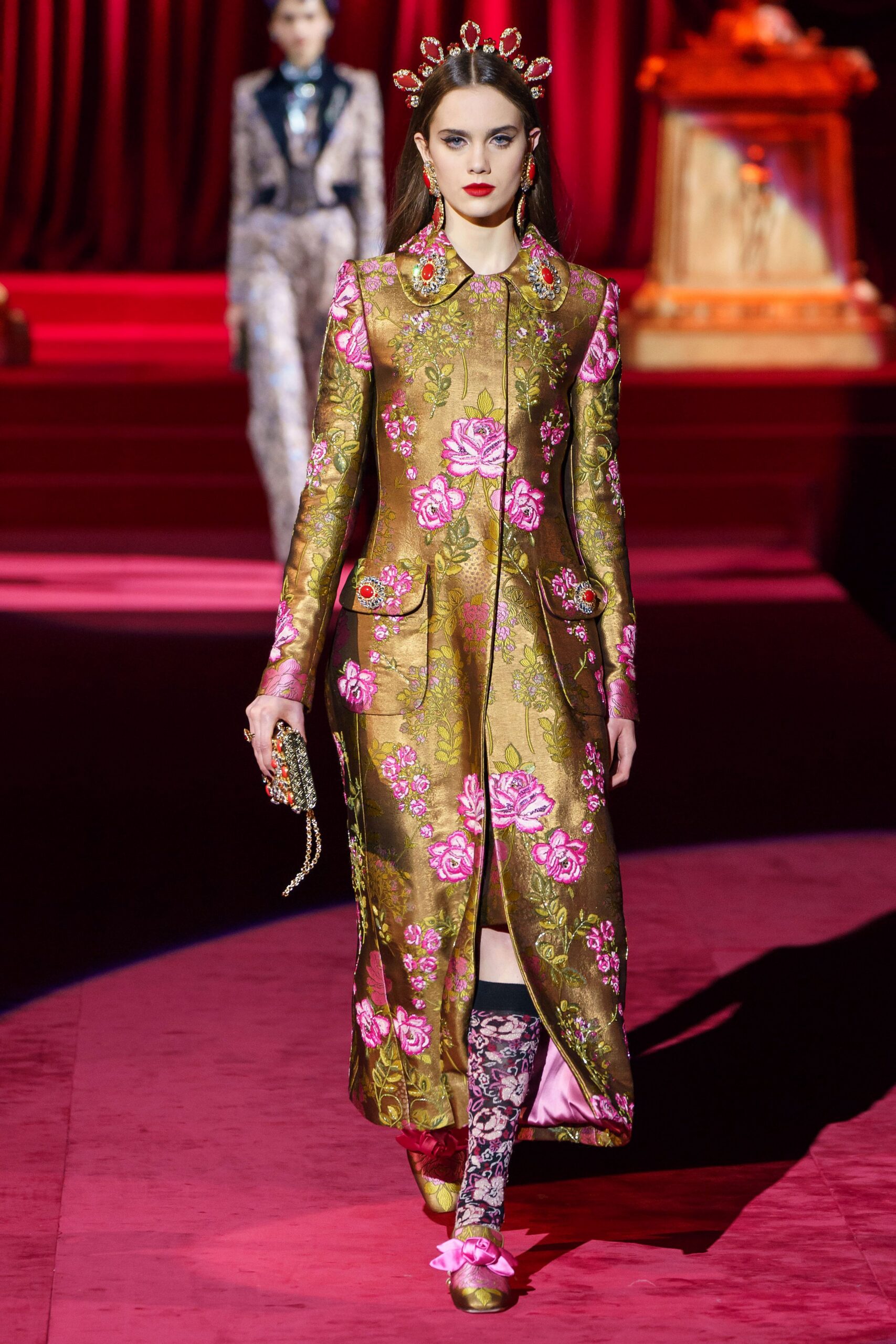 gold silk long-sleeve collared fitted embroidered midi coat