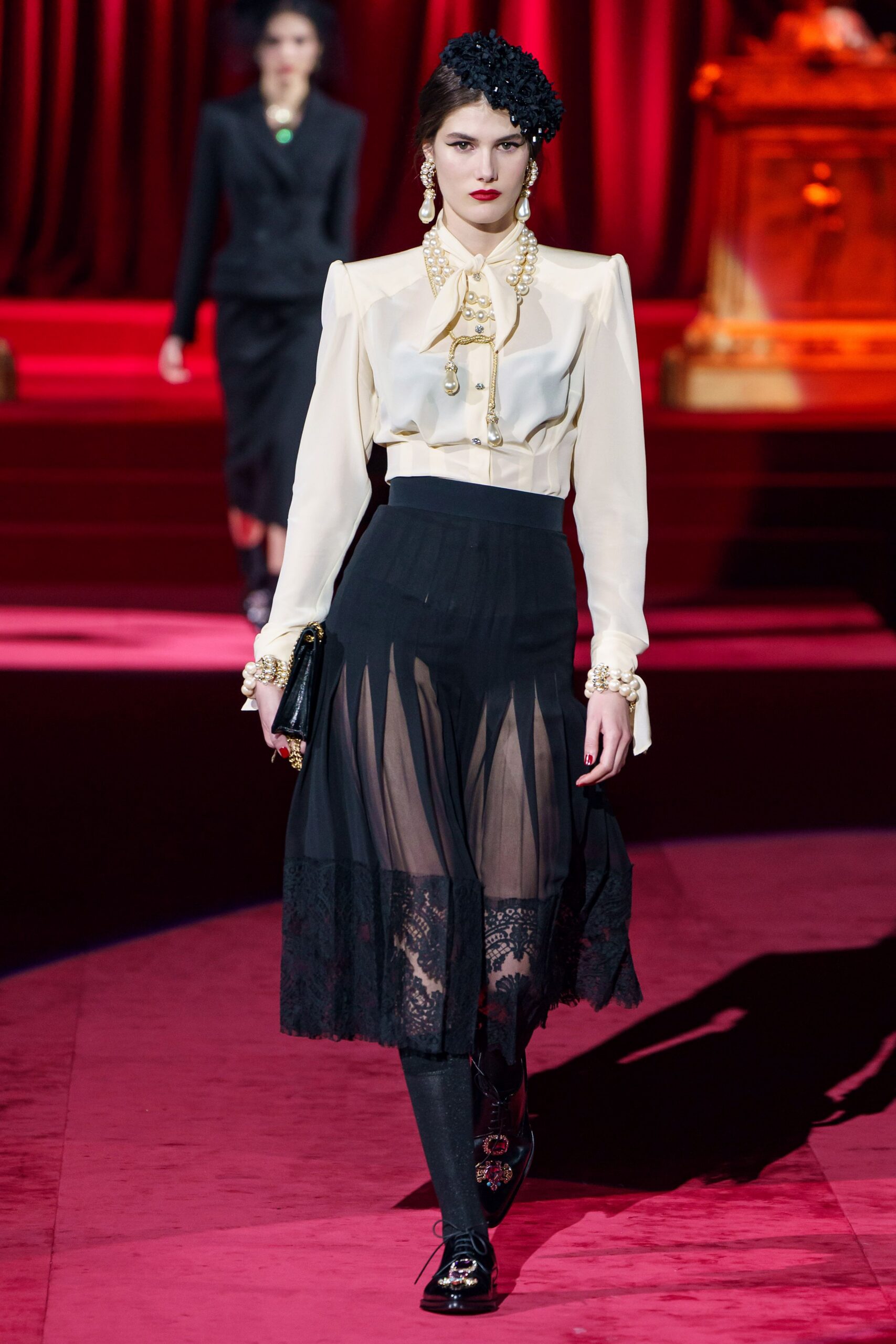 black silk fitted high-waisted pleated layered sheer skirt
