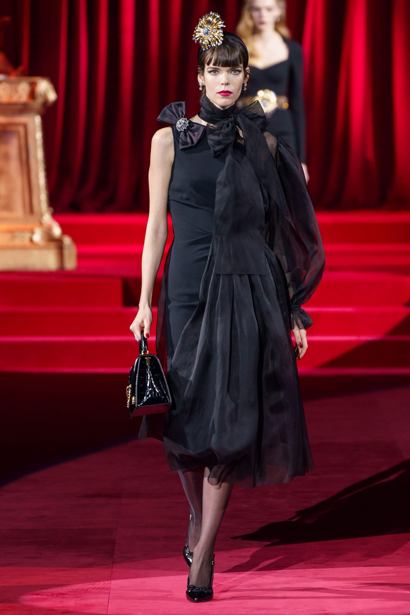 black silk sleeveless v-neck fitted draped layered dress