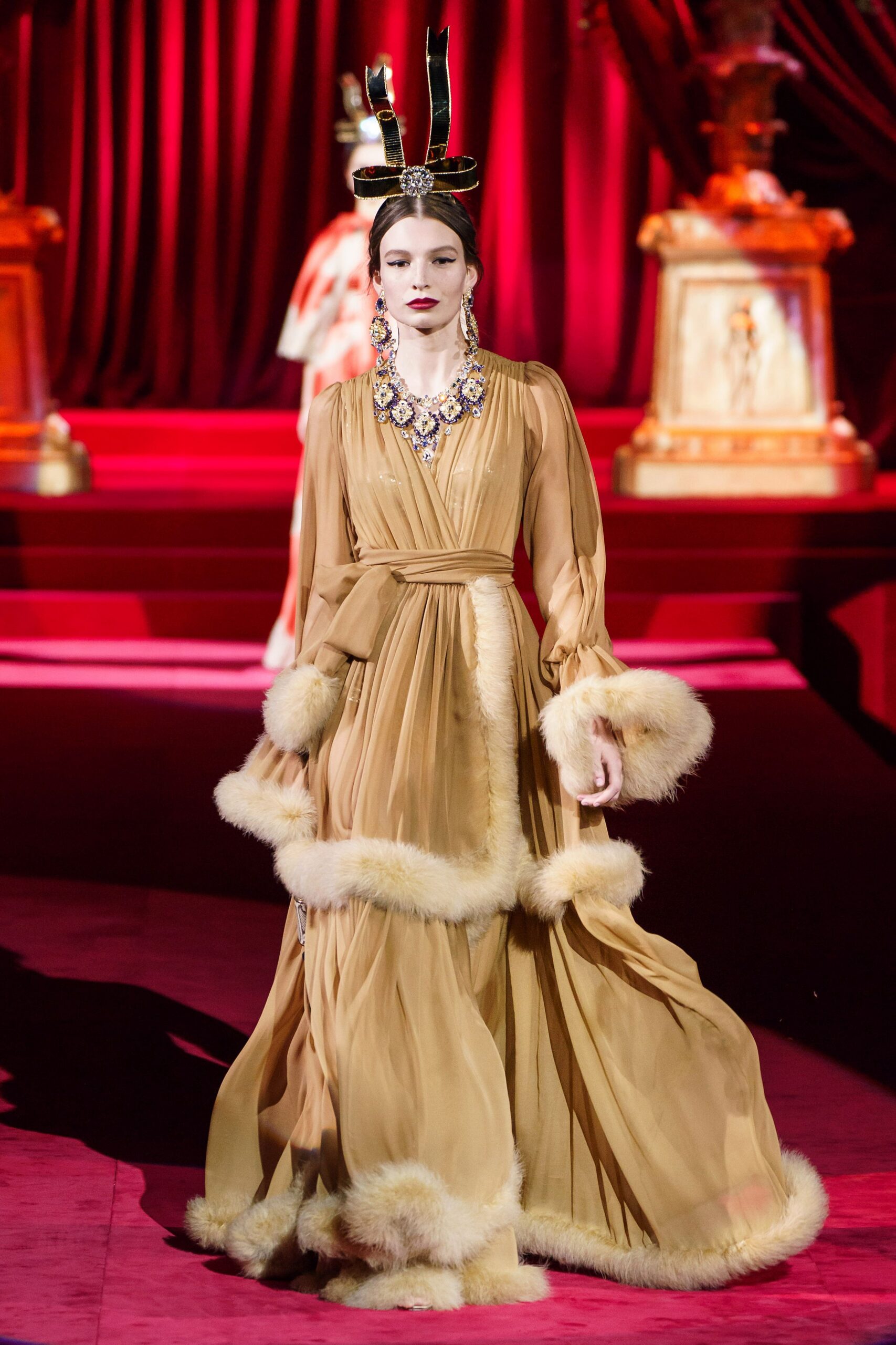 beige silk long-sleeve gown
