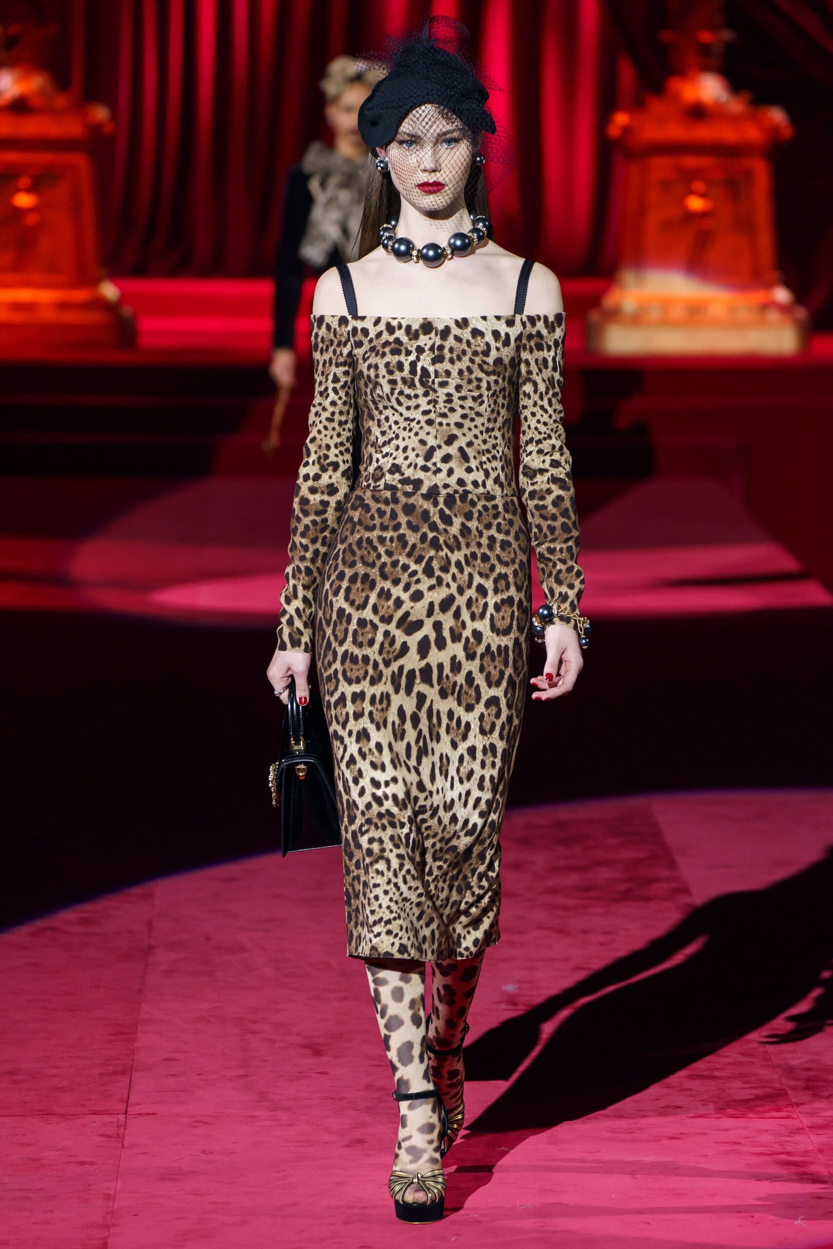 brown silk long-sleeve off-shoulder fitted animal-print midi dress