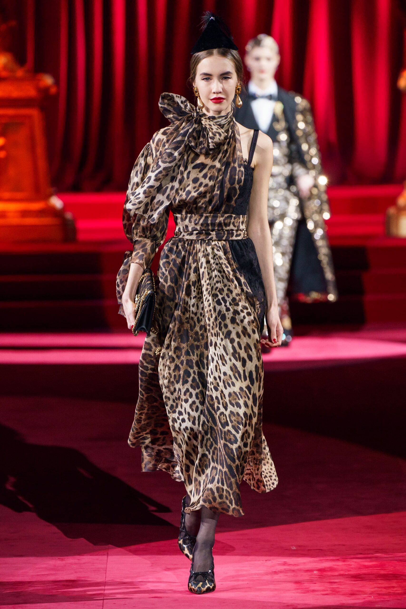 brown silk sleeveless v-neck fitted animal-print draped dress