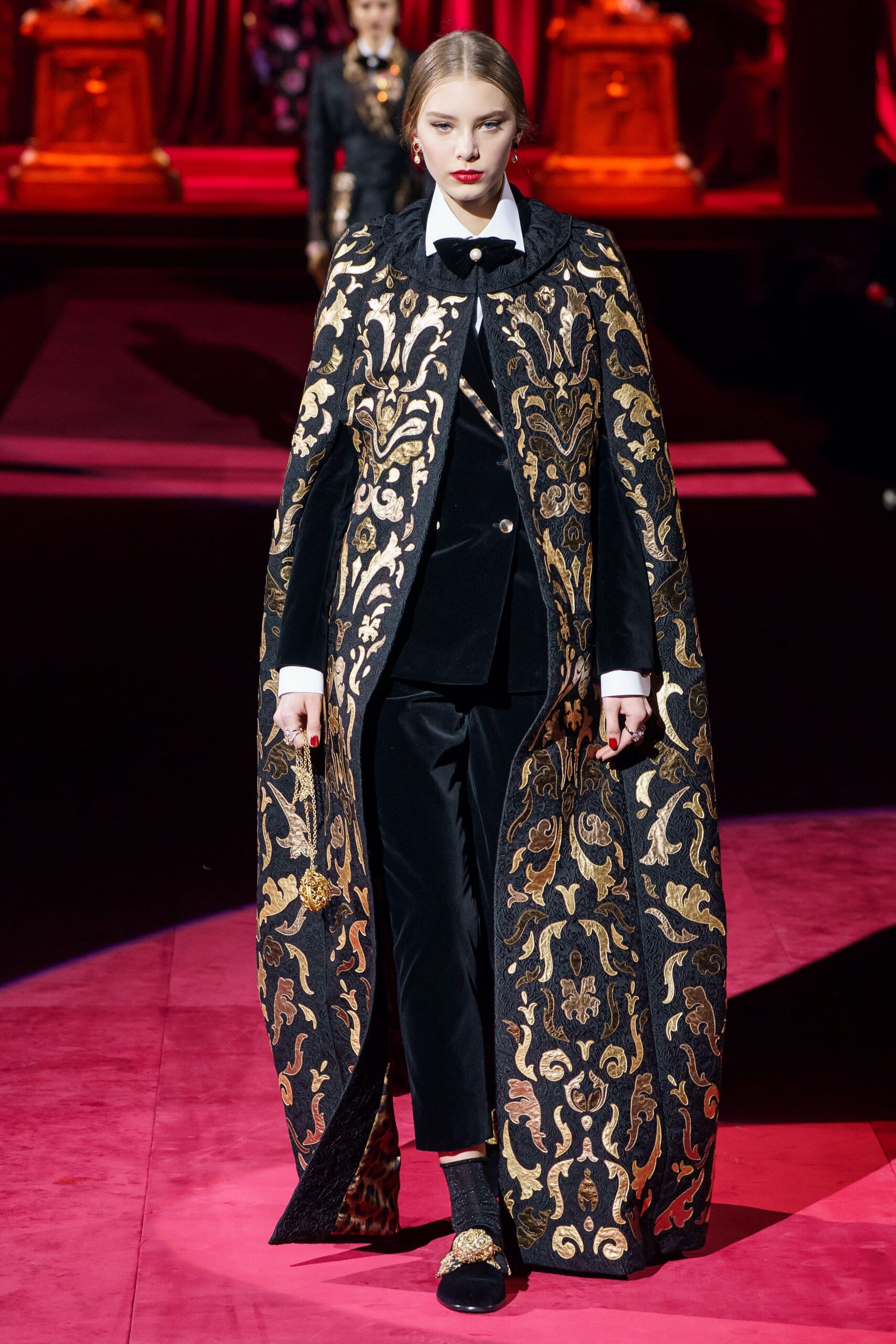 black velvet long-sleeve collared relaxed embroidered maxi cape