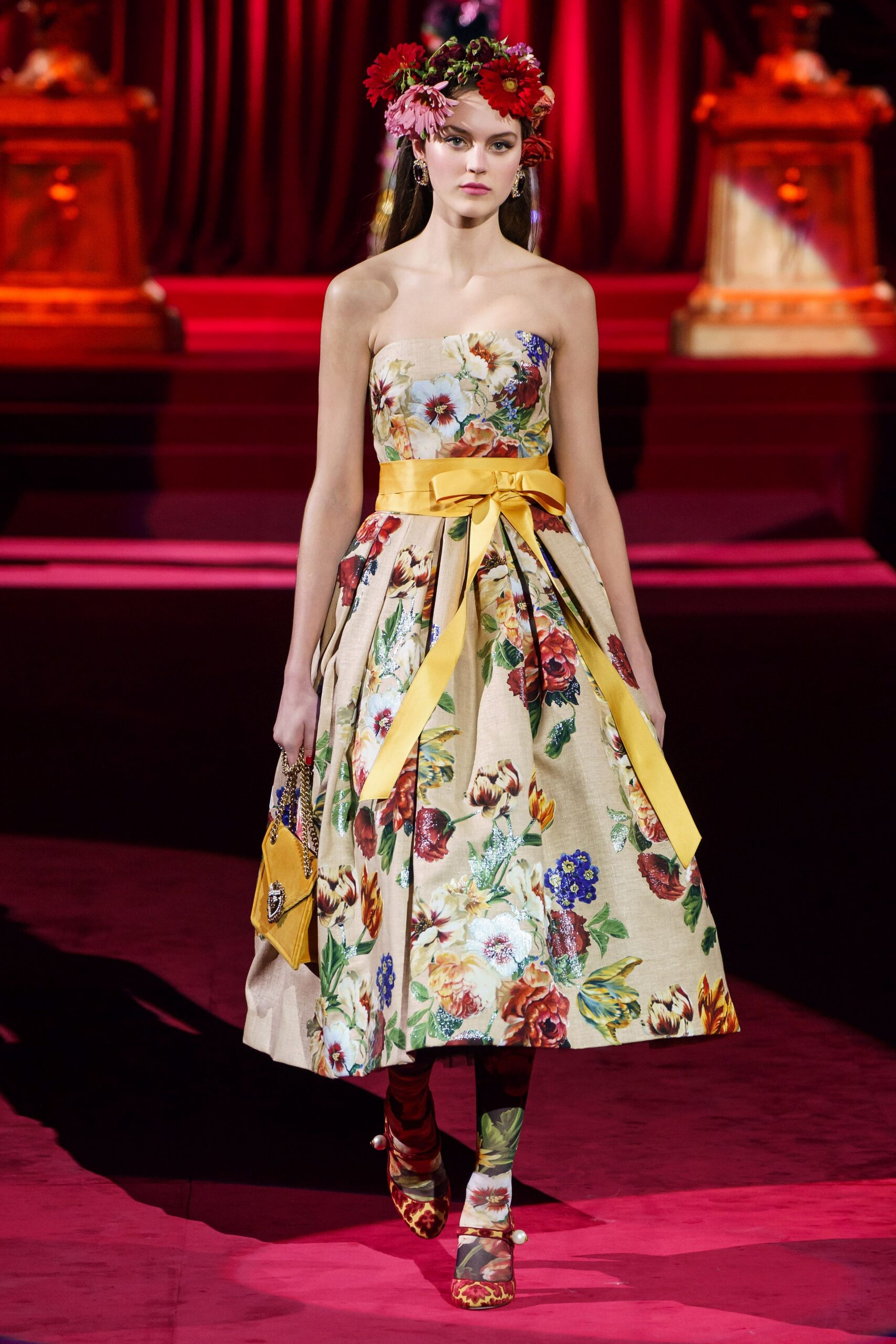 yellow cotton sleeveless strapless fitted floral tiered dress