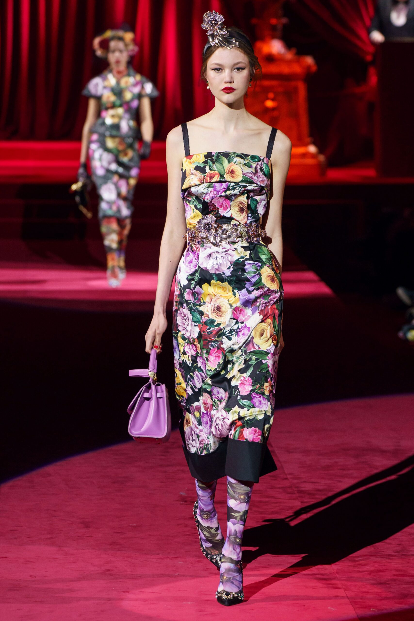 floral midi dress with purple bag