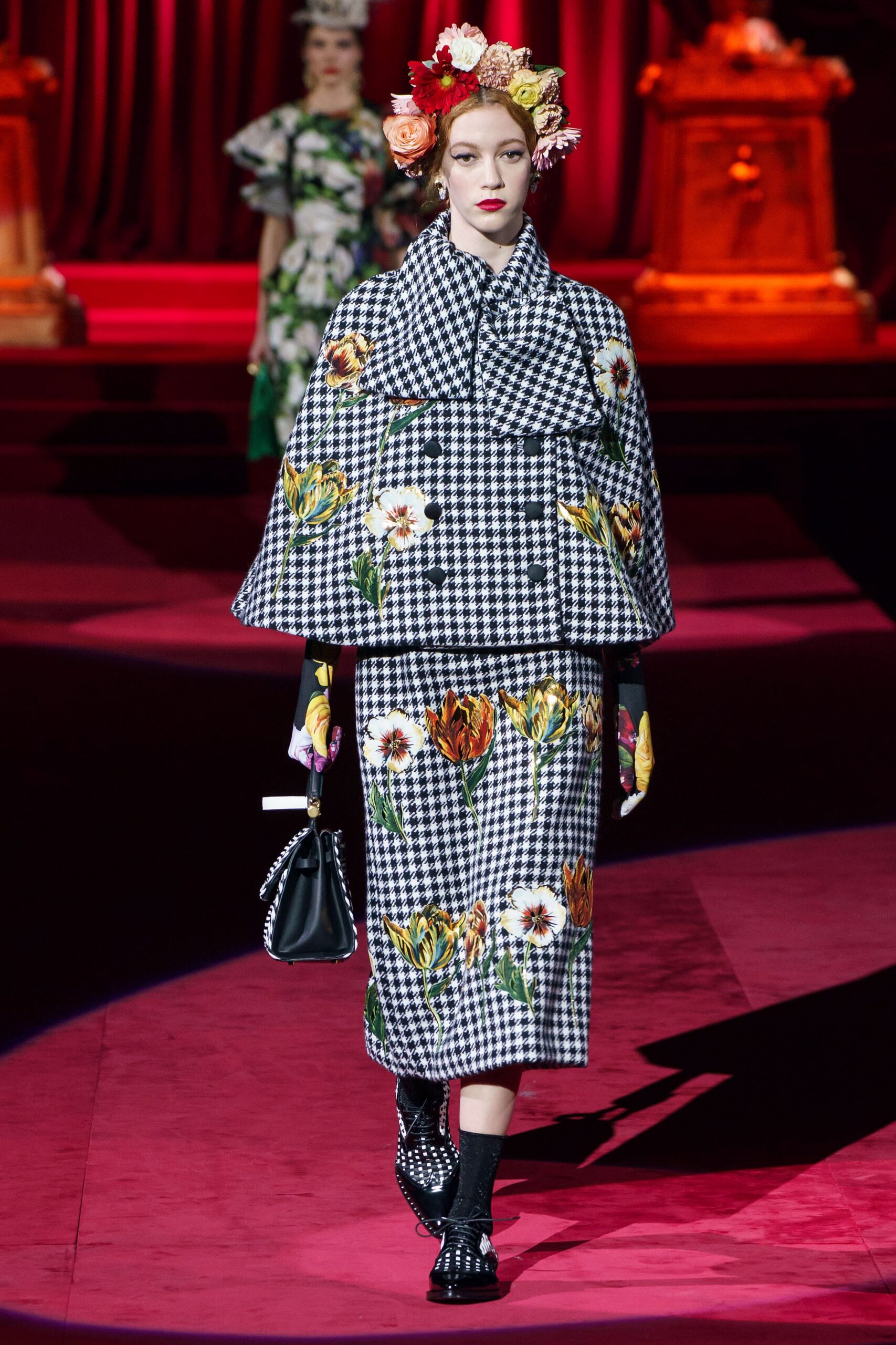 black cotton long-sleeve collared structured checked embroidered cape