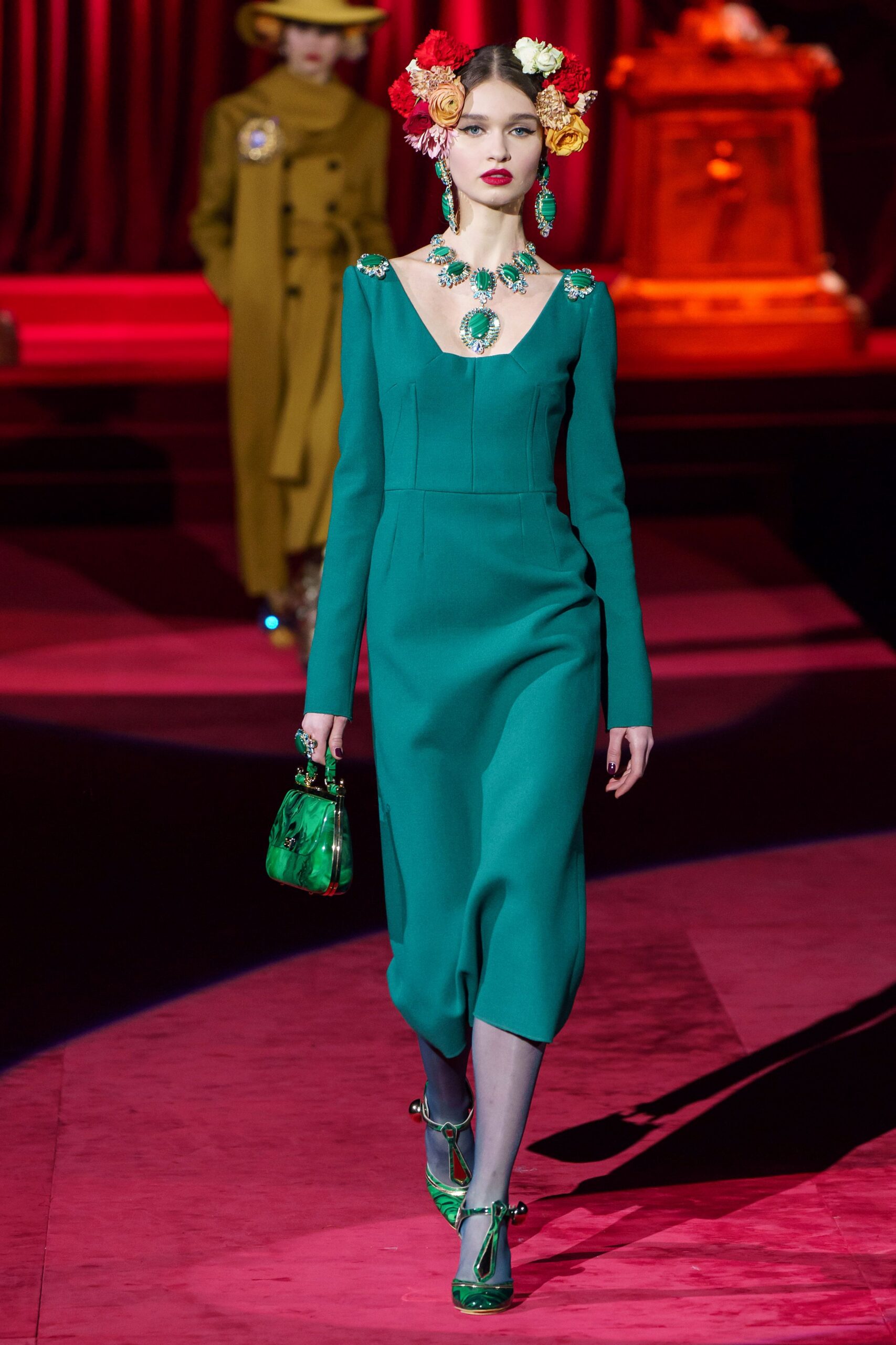green silk long-sleeve v-neck fitted pencil midi dress