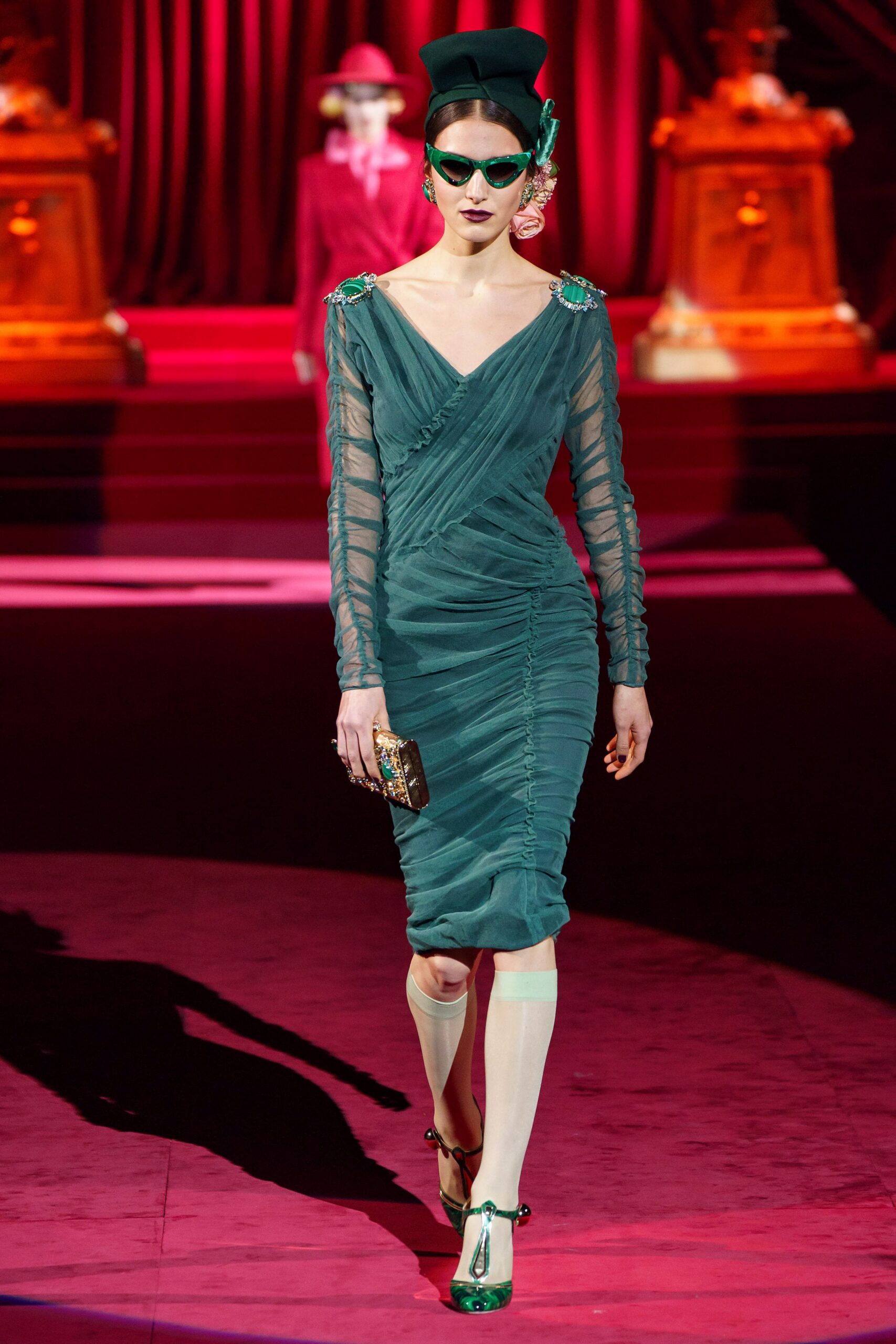 teal silk long-sleeve v-neck fitted ruched flowing dress