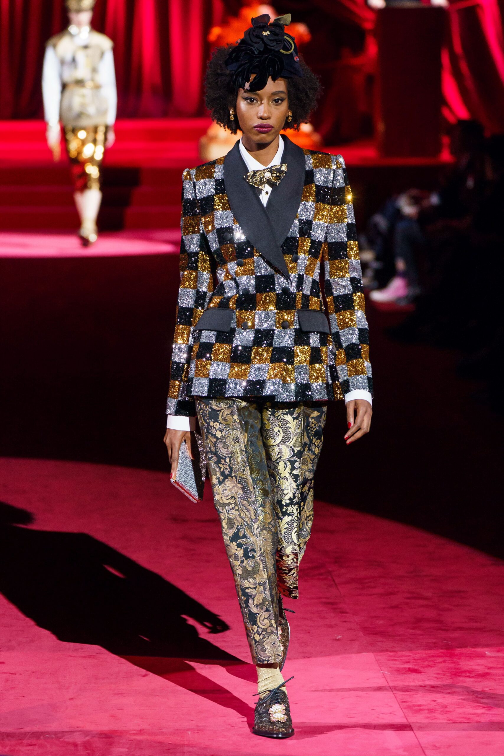 black silk long-sleeve collared tailored checked embellished blazer