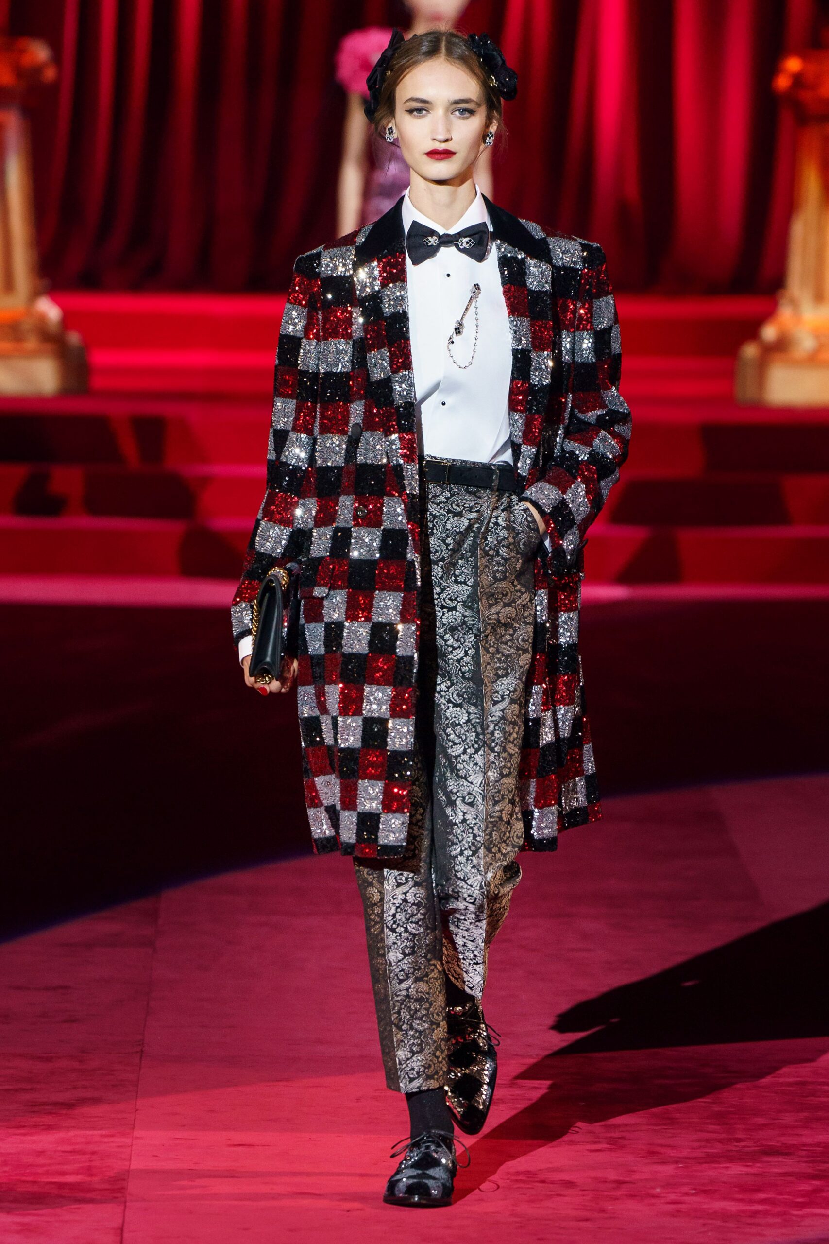 red silk long-sleeve collared structured checked sequined coat