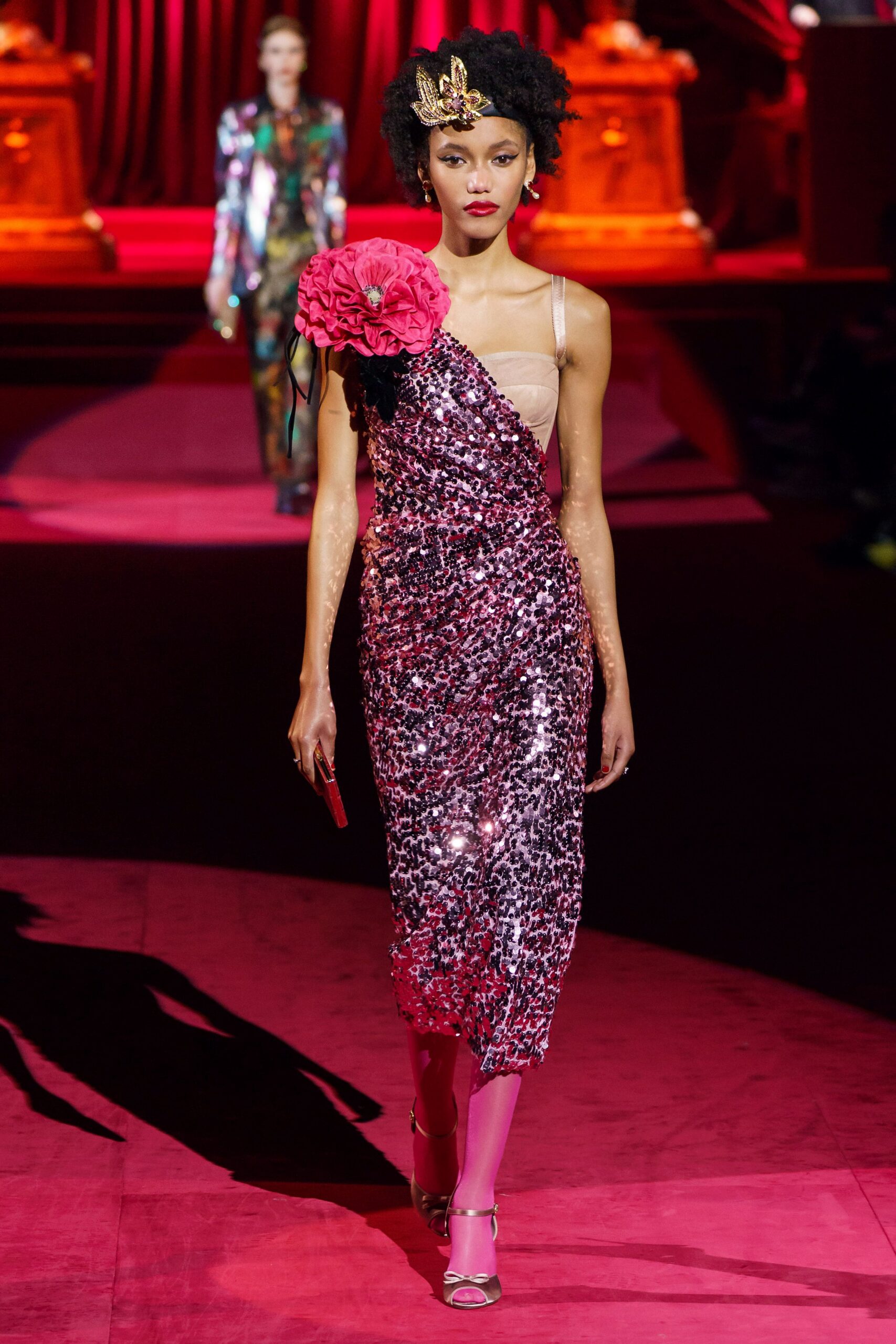 pink sequin sleeveless off-shoulder fitted draped layered dress