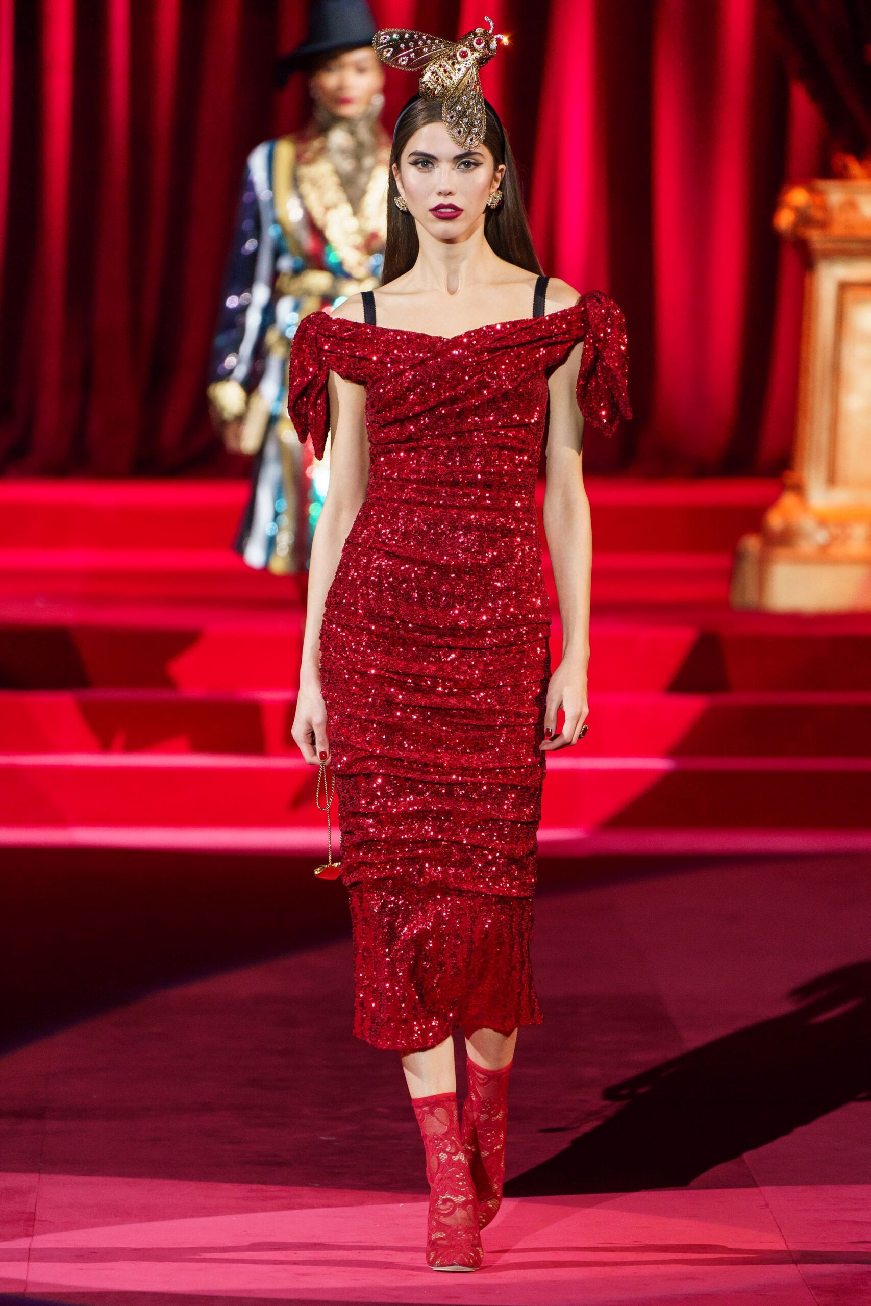 red sequin sleeveless off-shoulder fitted ruched shiny dress