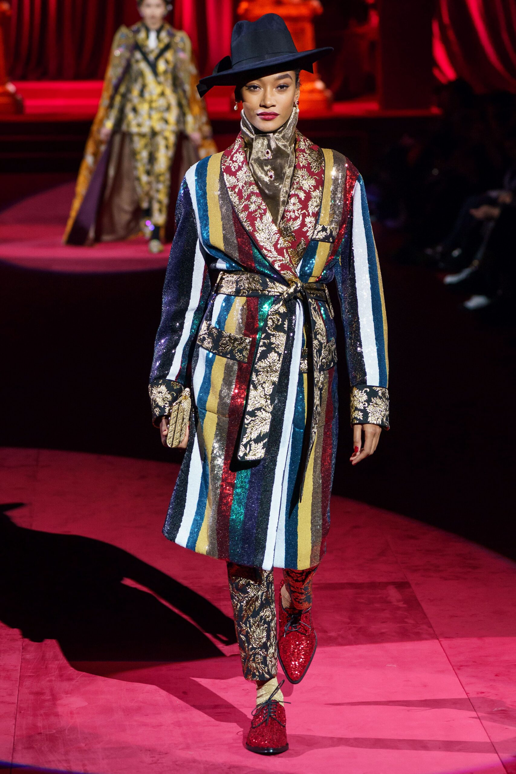 multi silk long-sleeve collared relaxed belted striped coat