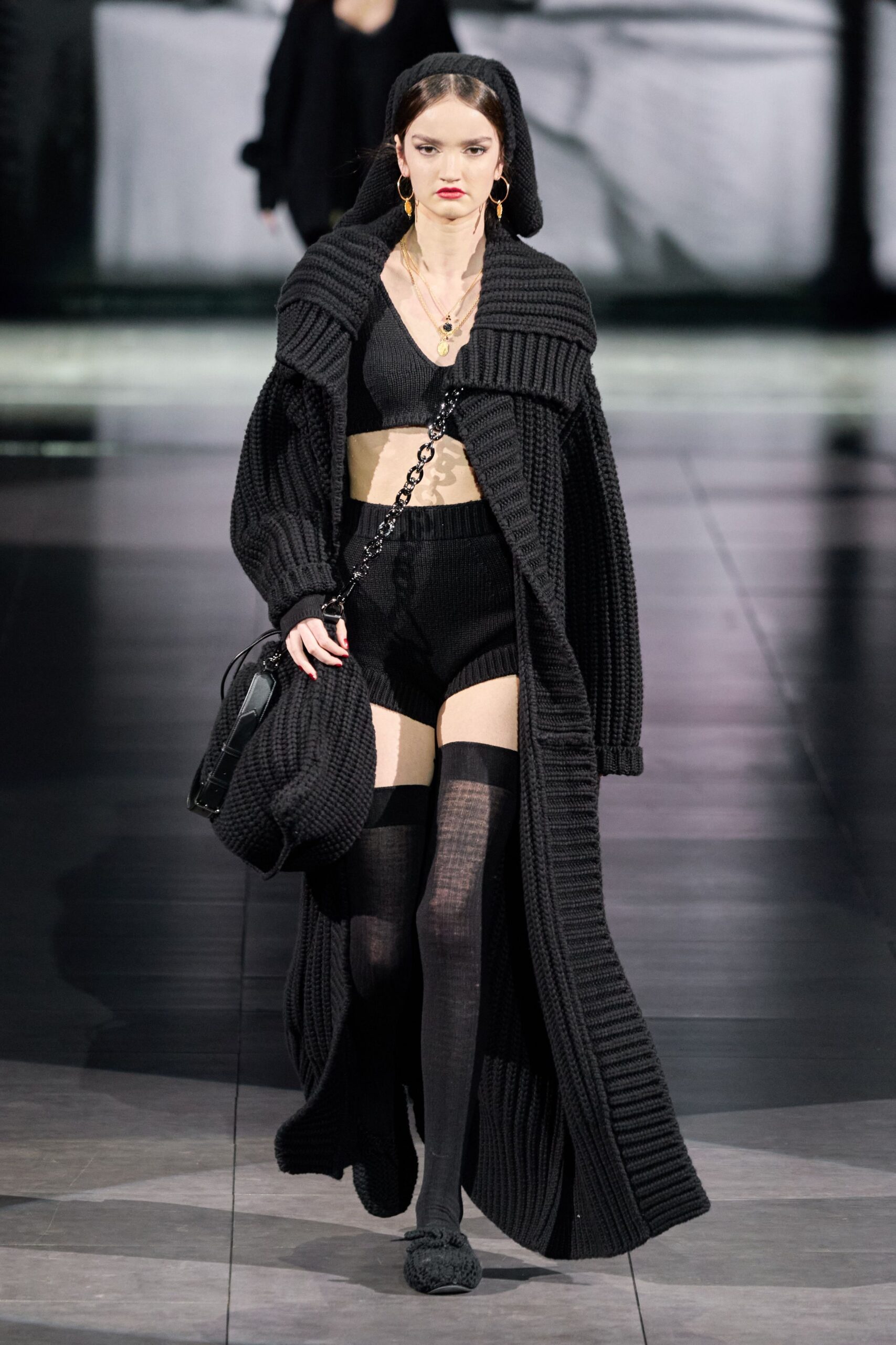 black knit long-sleeve collared oversized layered maxi coat
