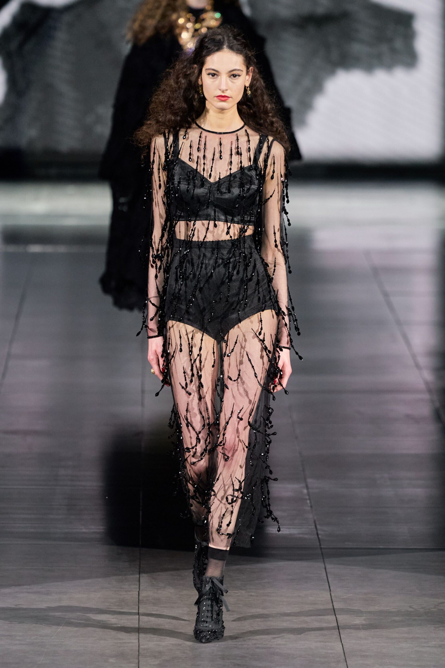 black mesh sleeveless v-neck fitted fringed sheer dress